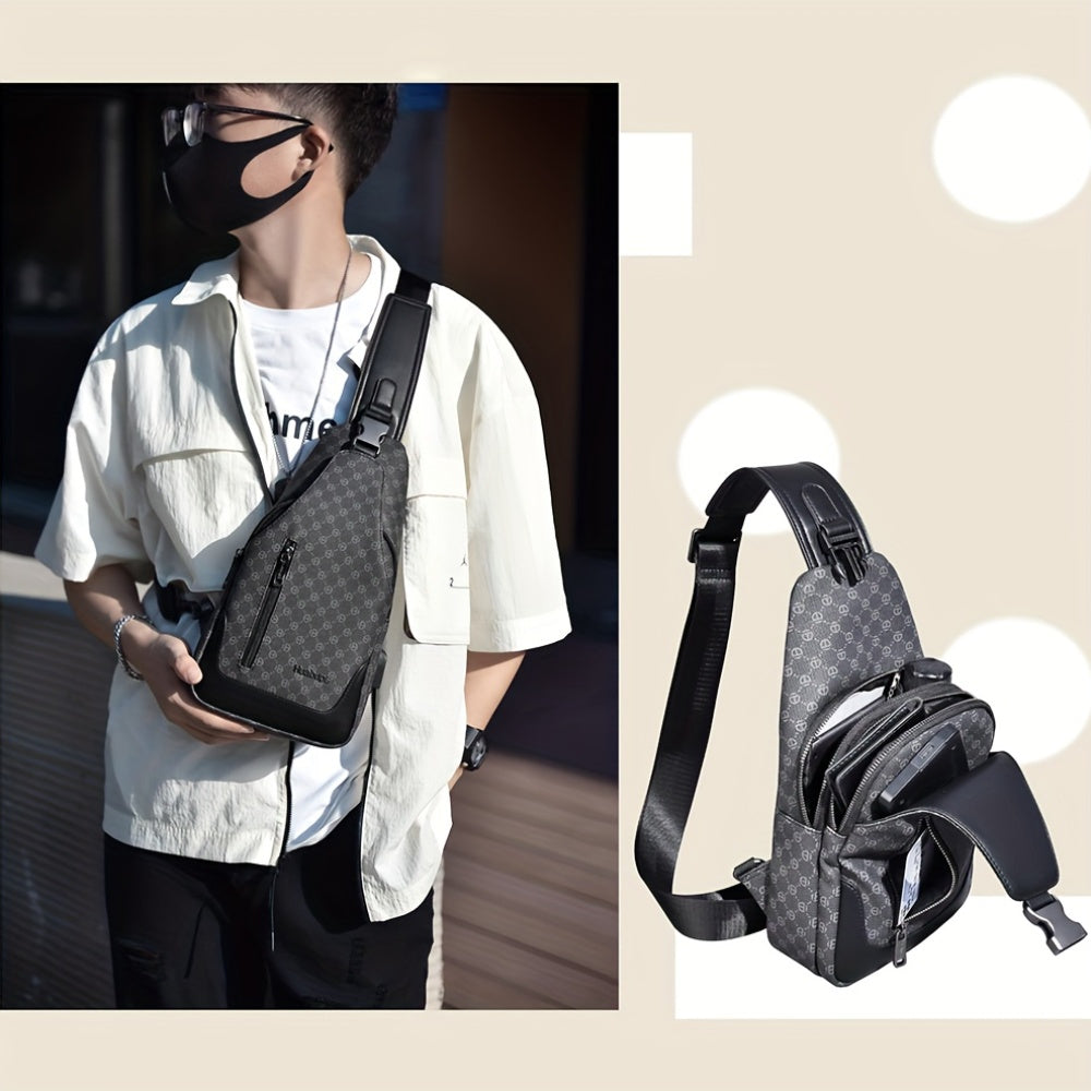 HUABUPS Men'S Crossbody Backpack - Black PVC Business Commuter Bag with USB Charging, Adjustable Strap, Multiple Compartments Durable Design for Travel, Hiking, Daily Use - Ideal Gift for Men, Hiking Gear, Stylish Accessory