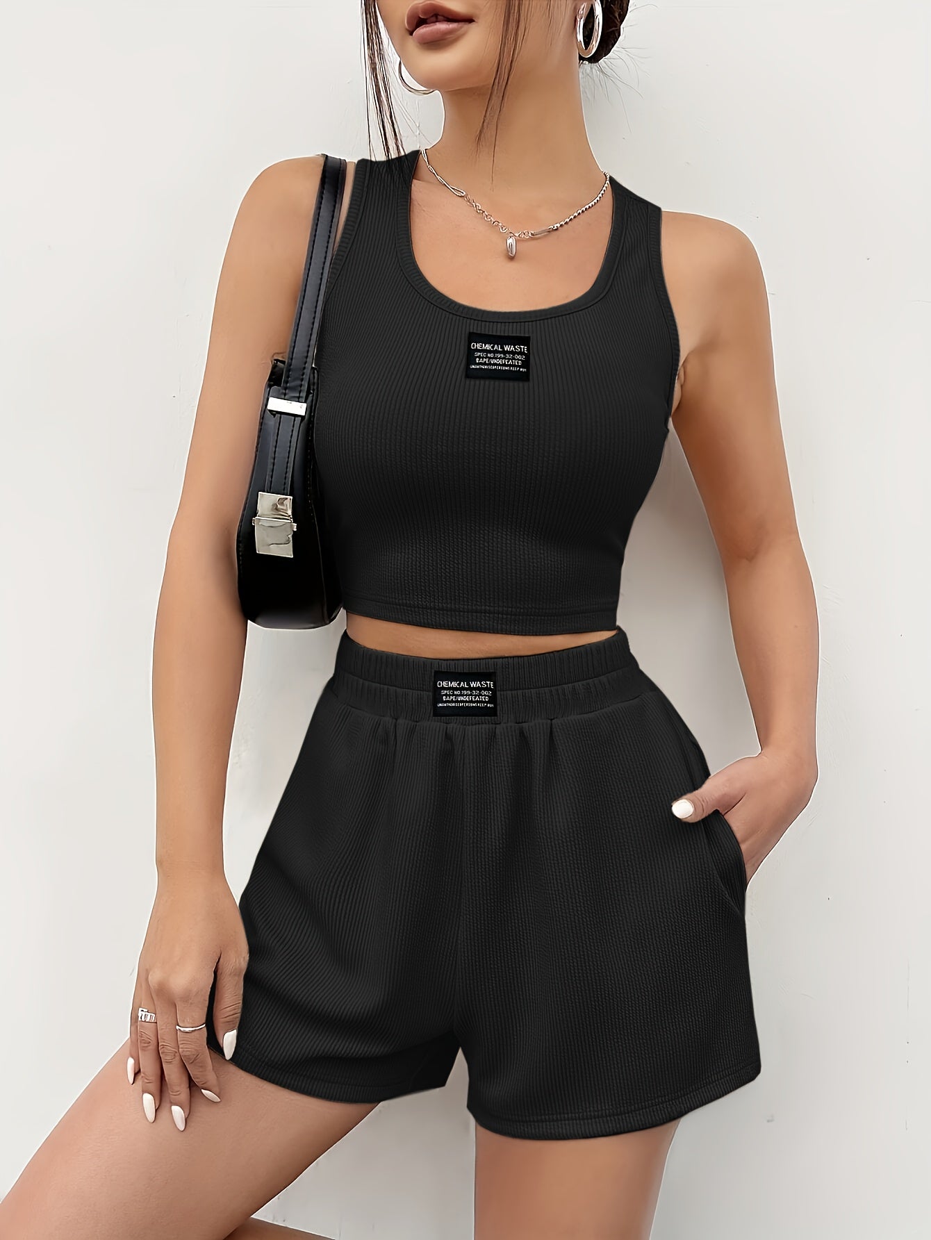 All-Season Chic, Elegant Women's Knit Tank Top and Shorts Set, Solid Color Polyester with Elastane, Machine Washable