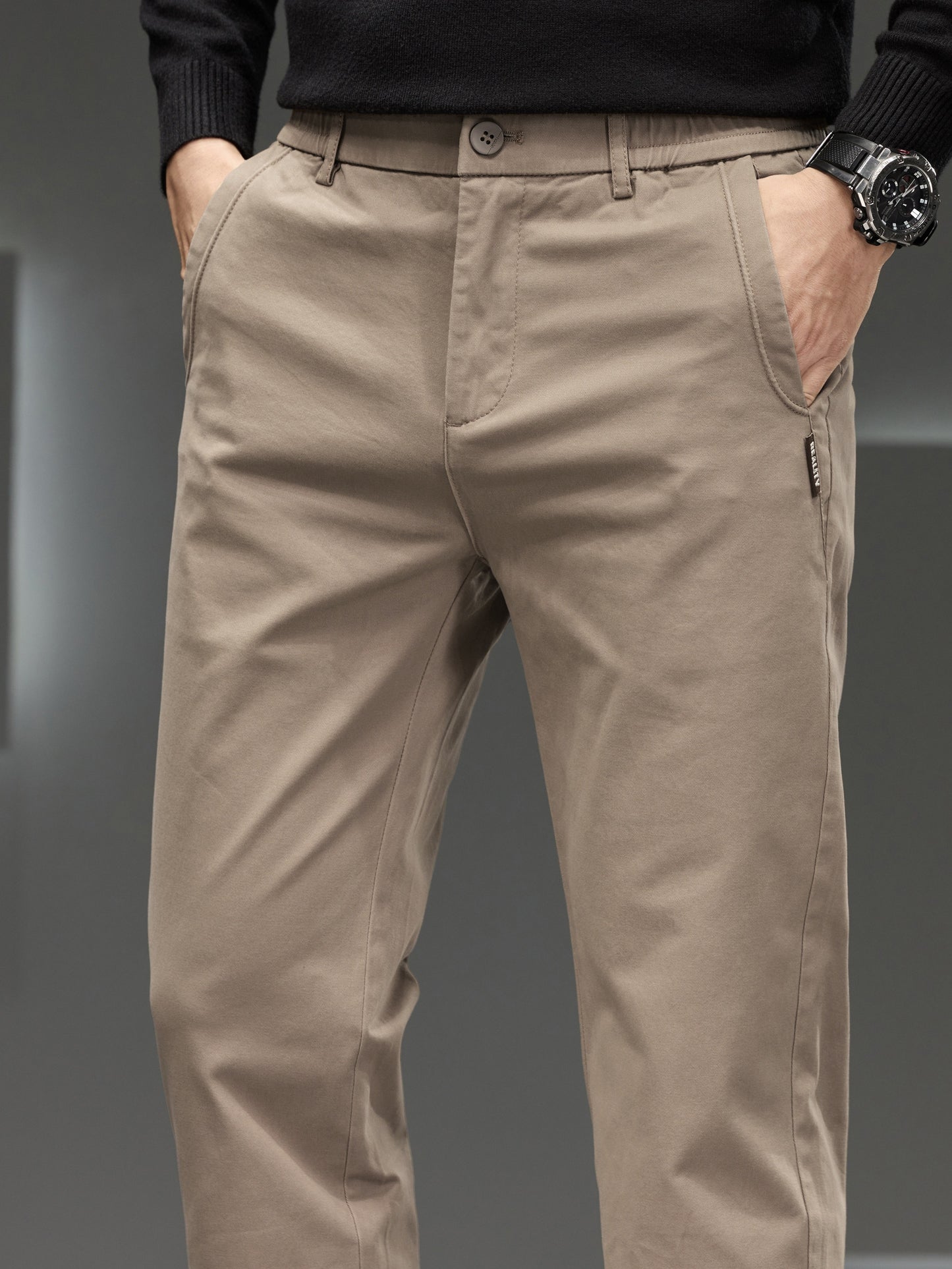 Men's Classic Business Trousers - Lightweight Polyester Straight-Leg Pants For Spring/Fall - Button Details - Non-Elastic Fabric - Solid Color - Regular Fit