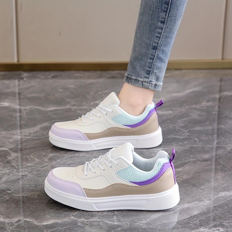 Stylish Women's Low-Top Sneakers - Lightweight Casual Shoes with Pastel Pink & Light Blue Accents, Synthetic Cover Upper, Breathable Mesh Lining, EVA Sole for Comfort, Perfect for Casual Attire & Travel