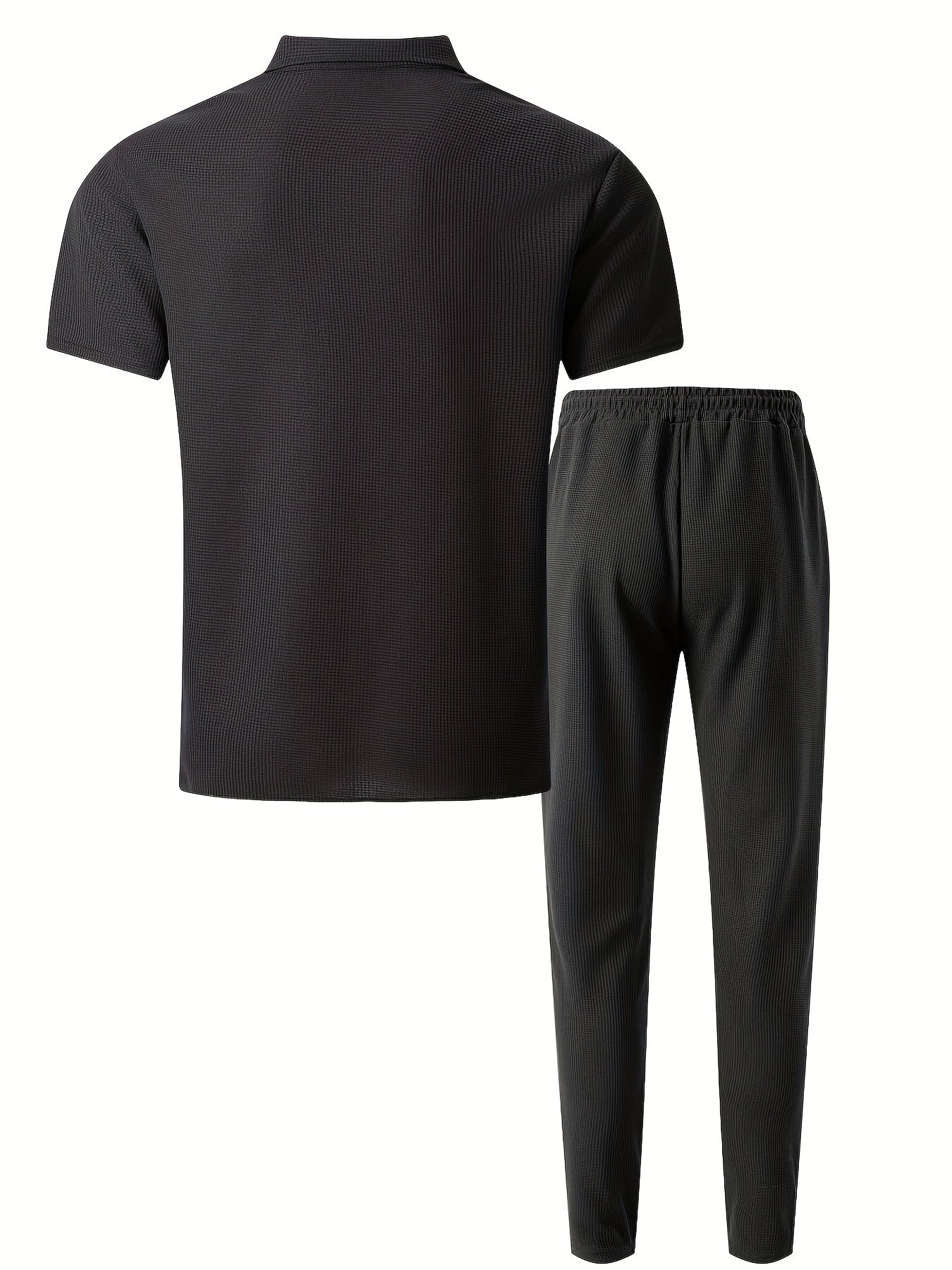 Men's Summer Two-Piece Set, Waffle Fabric Contrast Color with Pockets Short-Sleeved Shirt + Casual Trousers Suit, Leisure Light Business Vacation Daily Multiple Scenes