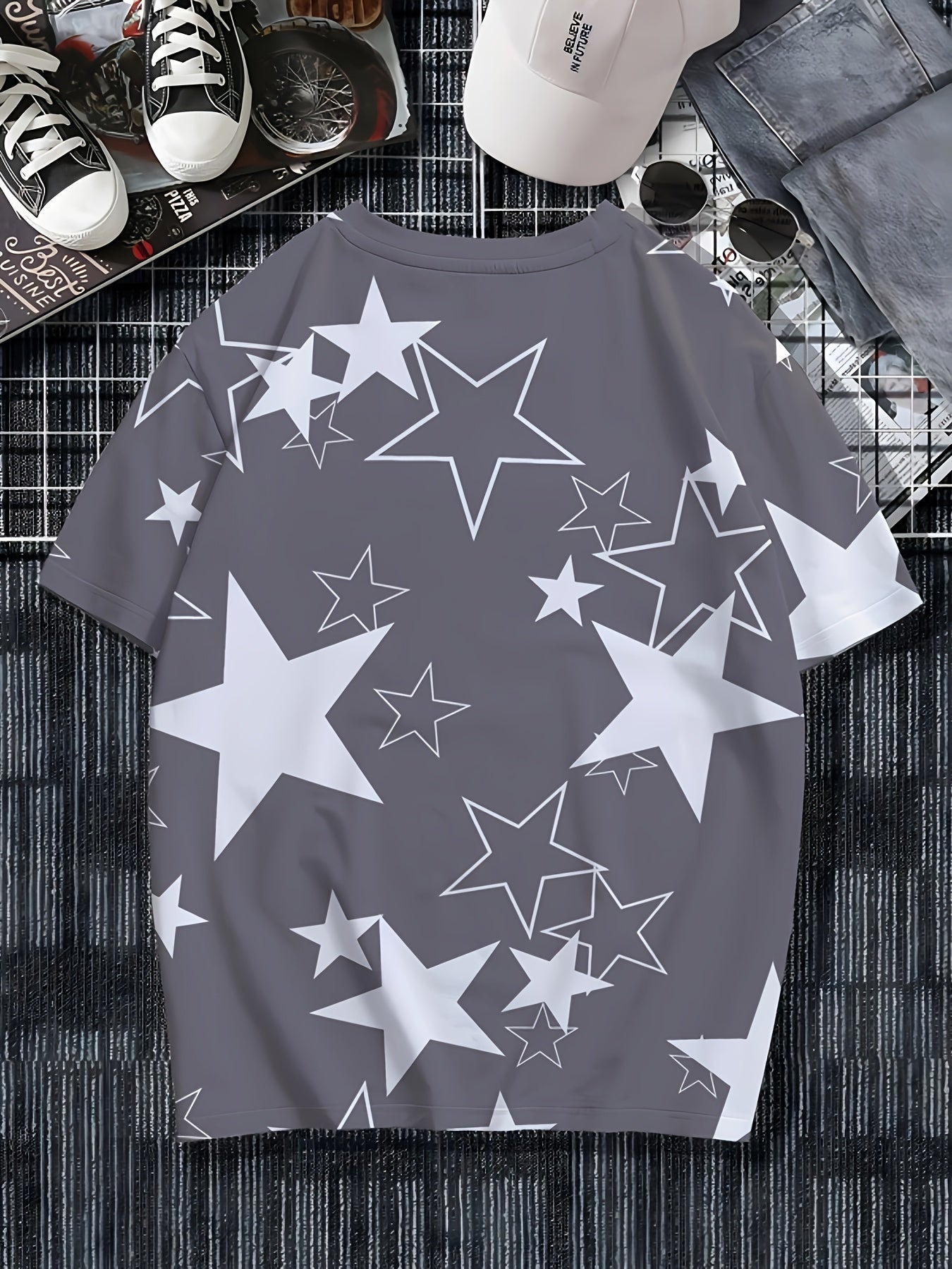 Men's Allover Color Blocking Stars Pattern Short Sleeve Crew Neck T-shirt For Summer, Casual Stylish Tee As Gift