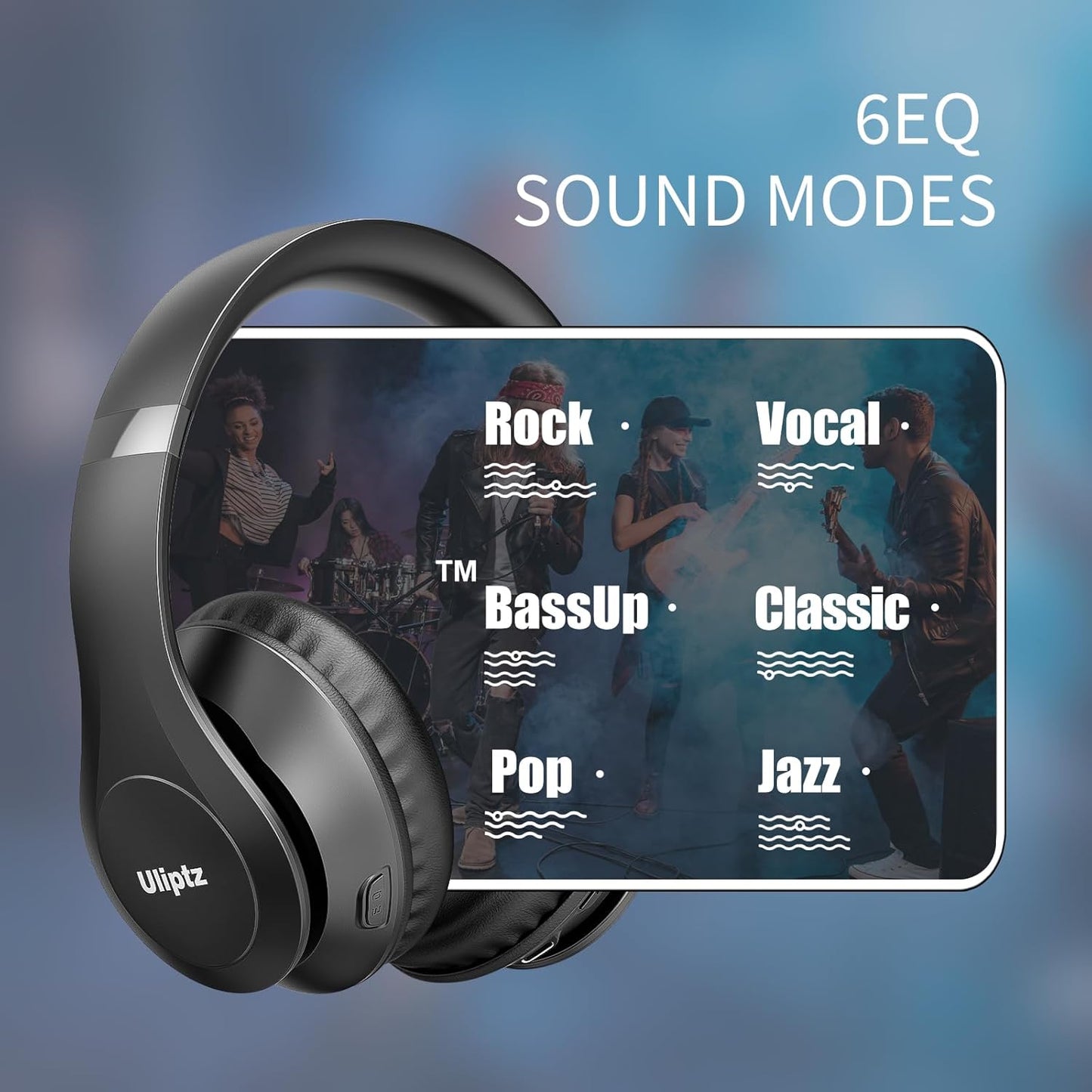 Uliptz Wireless Bluetooth Headphones, 65H Playtime, 6 EQ Sound Modes, Hifi Stereo over Ear Headphones with Microphone, Foldable Lightweight Bluetooth 5.3 Headphones for Travel/Office/Cellphone/Pc