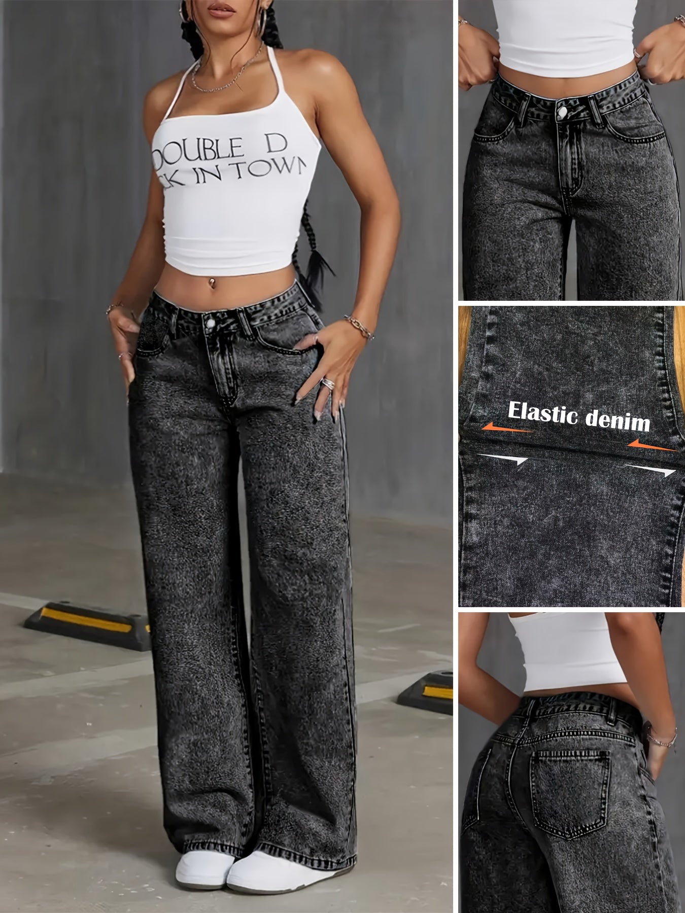 Women's High-Waisted Straight Leg Stretch Denim Jeans - Classic Comfort Fit, Snowflake Wash, All-Season Casual Wear, Black Distressed Denim with Raw Hem Detail, Casual Denim Wear | Classic Comfort Jeans | Cotton Jeans