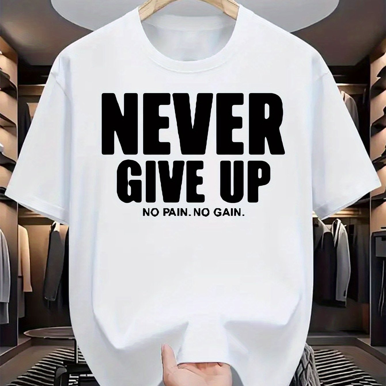 Men'S Casual Crew Neck T-Shirt with "Never Give Up" Print, Polyester Knit Fabric, Slight Stretch, Regular Fit, Summer Short Sleeve Tee for Daily Wear