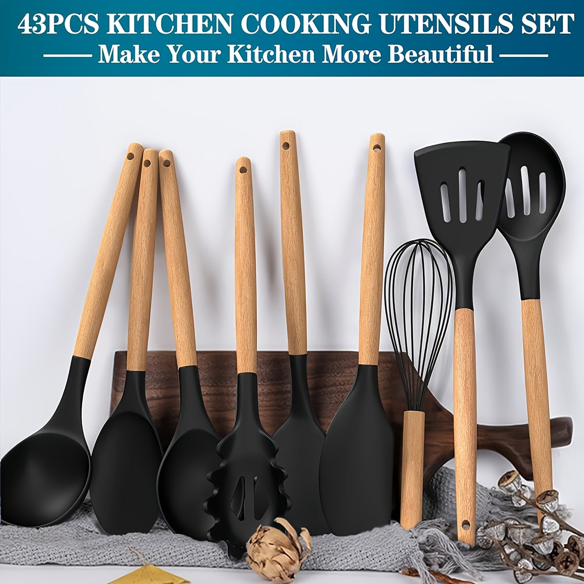 43pcs Non-Stick Cookware Storage Bucket with Wooden Handles, Silicone Kitchen Utensils, Easy-To-Clean Kitchen Tools, Spatula And Spoon Set.