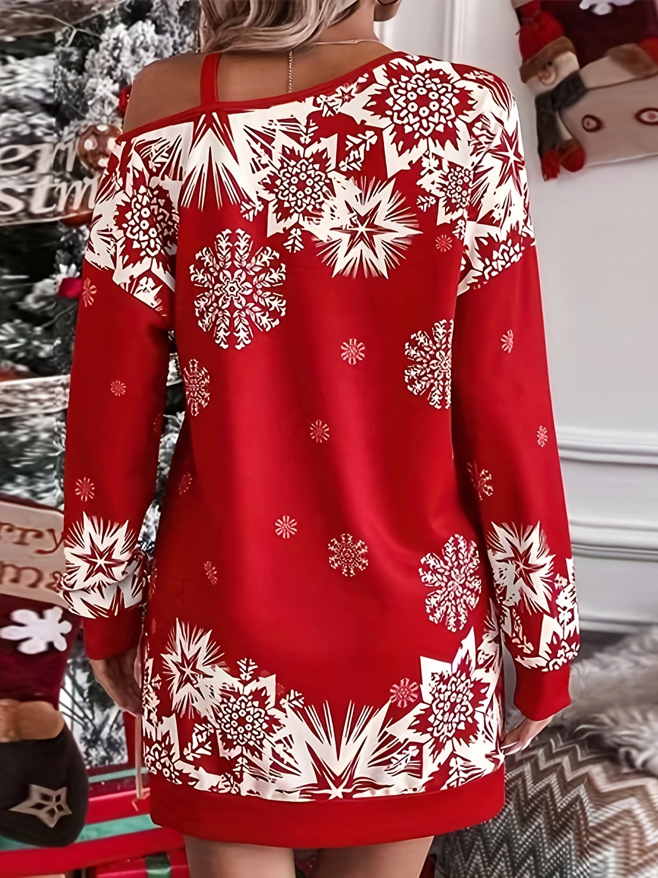 Women's Christmas Party Dress - One-Shoulder/Asymmetrical Neckline, Red and White Holiday Outfit, Slim Fit for Christmas Eve, New Year's Eve, Winter Events - Elegant Christmas Apparel, Christmas Dress, Holiday Wear, Off-Shoul