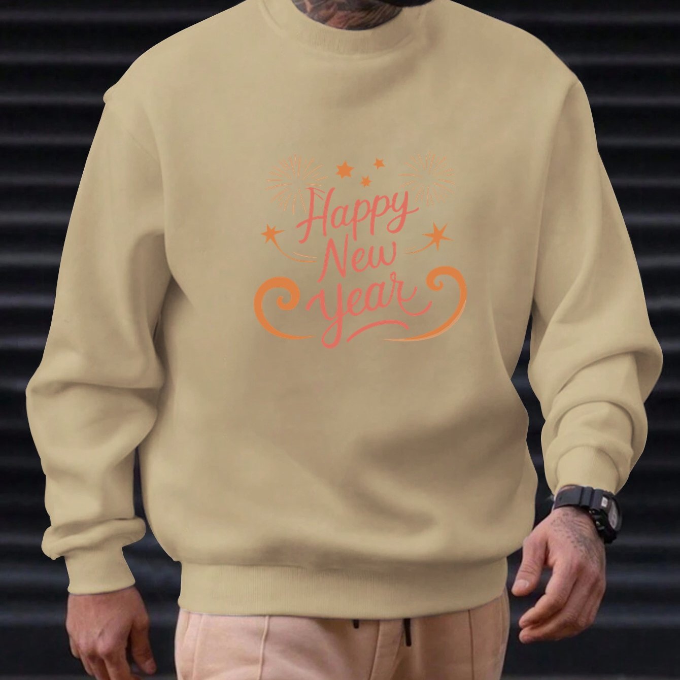 Men'S Happy New Year Sweatshirt - Light Grey with Orange Lettering - Regular Fit Crewneck Pullover for New Year'S Eve, NYE Parties & Casual Attire - Non-Permanent Celebration Sweater for Everyday & Special Occasions, New Year