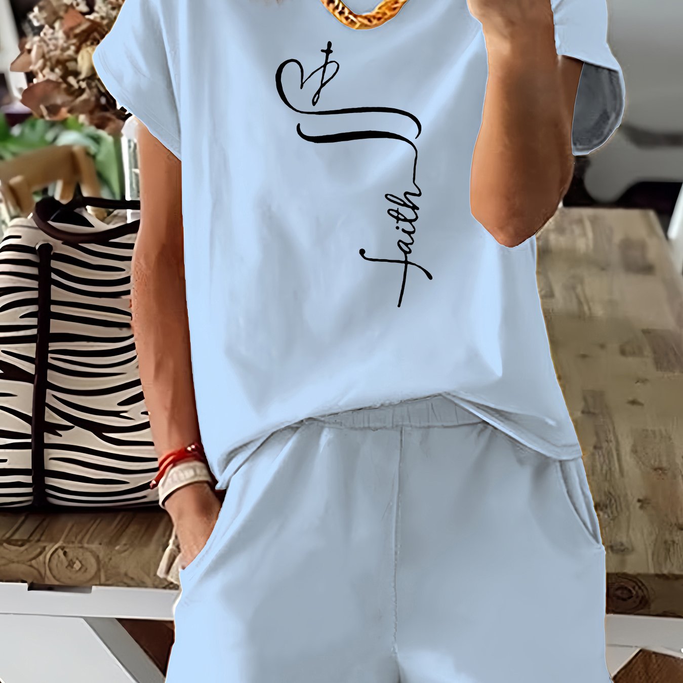 Women's Casual Letter Print Two-Piece Set - Comfy Short Sleeve T-Shirt & Shorts, Stretchy Polyester Blend, Machine Washable