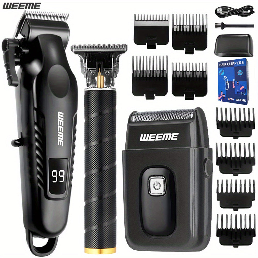 WEEME 2pcs/3pcs Men's grooming suit Multi-function electric hair clipper shaver trimmer alloy steel head three-gear adjustment USB fast charging LCD power display household travel car must-have gift for husband, boyfriend and