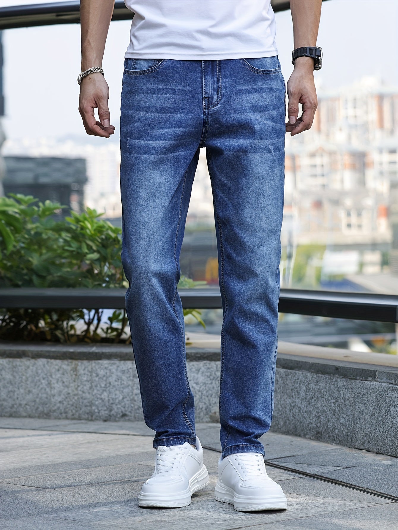 Men's Slim-Fit Stretch Denim Jeans - Casual Street Style, Mid-Rise, Light Blue, Comfortable & Versatile for All Seasons