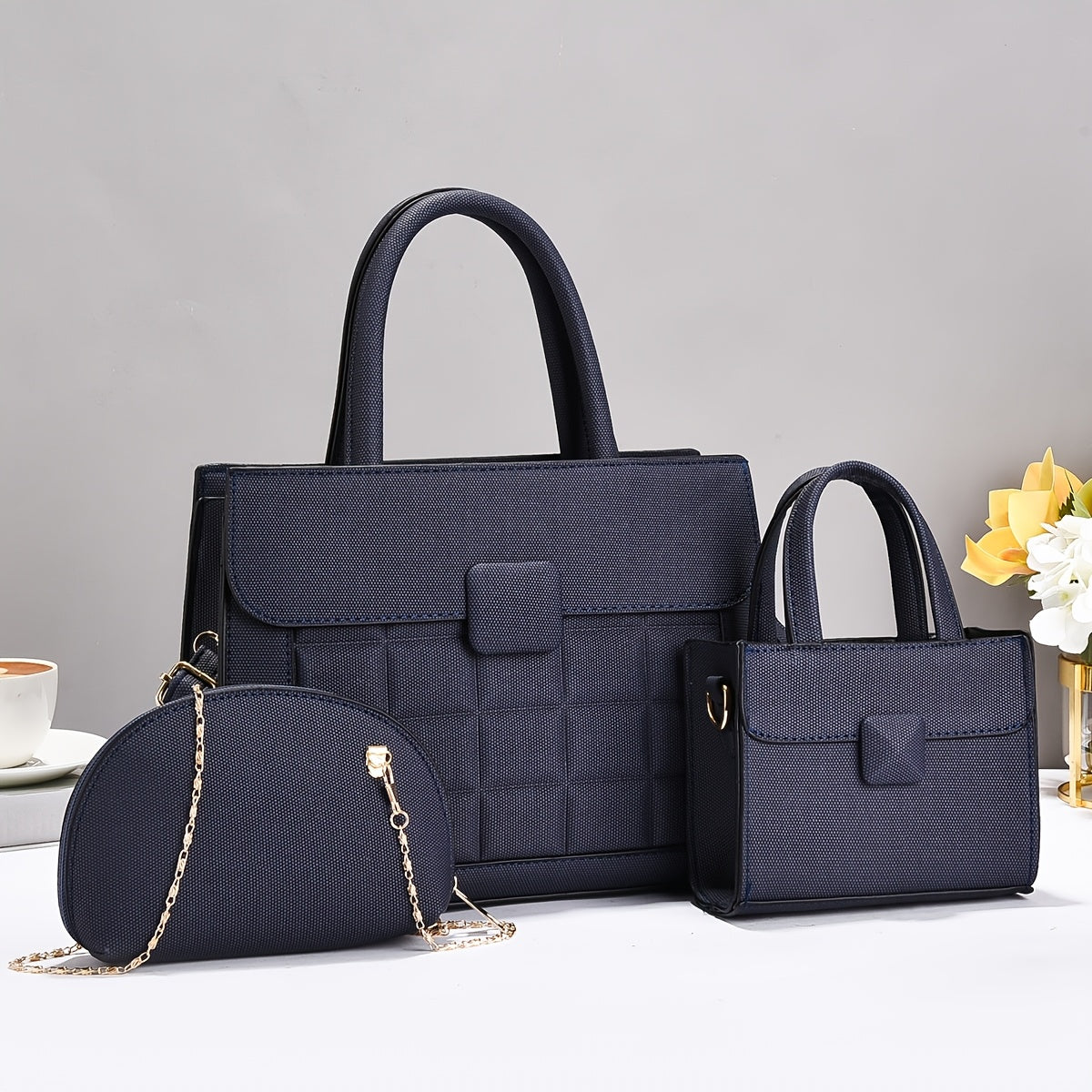 Set of 3 Stylish Large-Capacity PU Tote Bags with Adjustable Strap