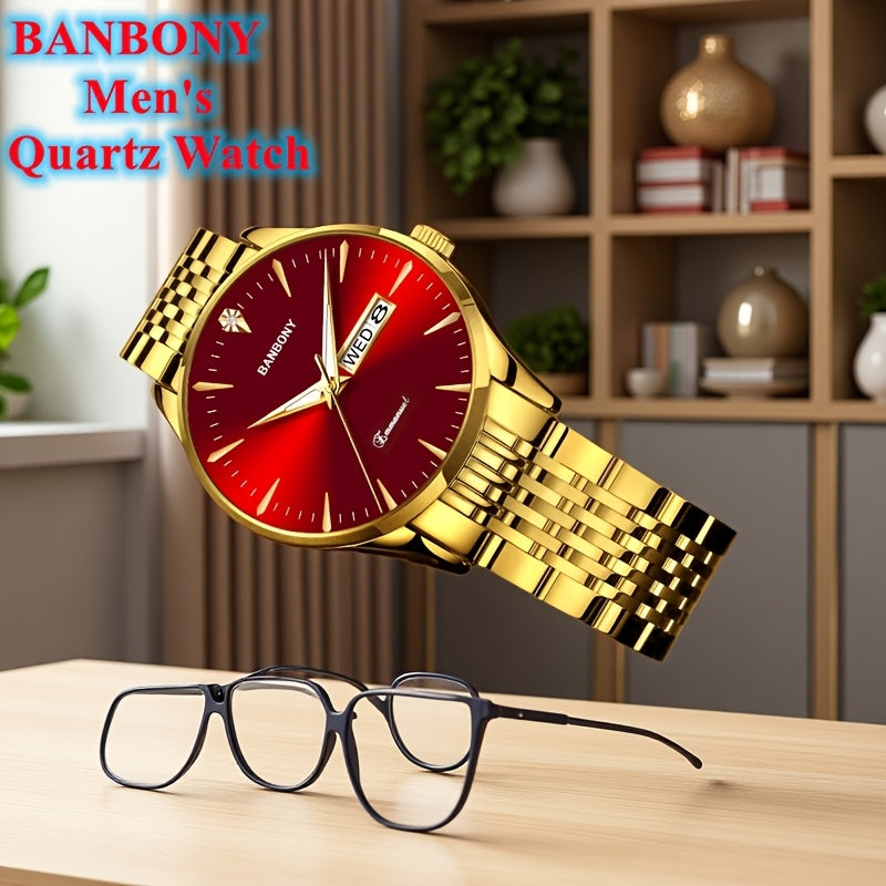 Banbony Unisex Stainless Steel Quartz Watch with Rhinestone Accents, Water-Resistant IPX7, Sleek HD Dial, Date Display, Golden-Tone Finish - Ideal for Casual Wear, Parties, and Gifts