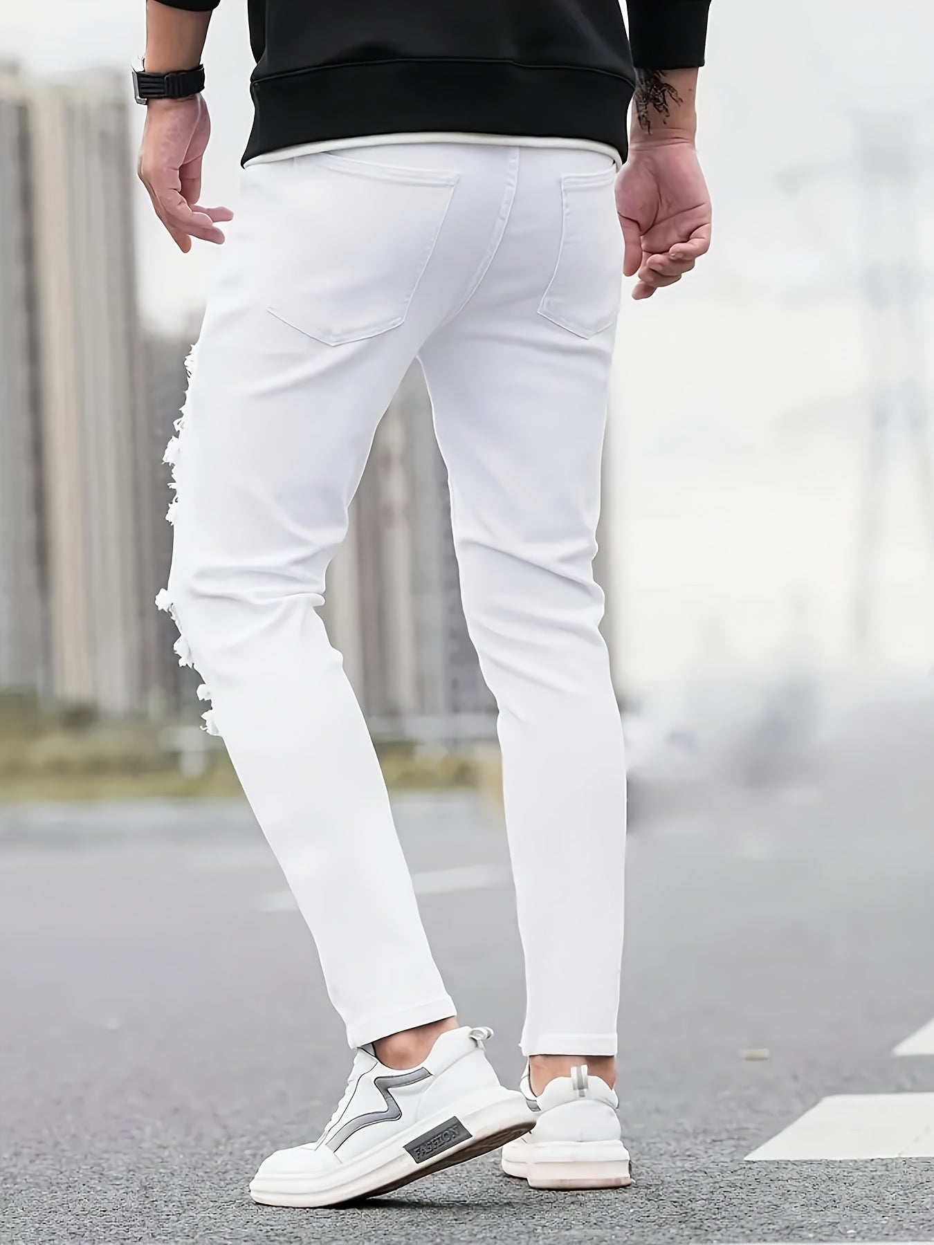 Men's Slim Fit Stretch Denim Jeans - Casual, Breathable & Machine Washable with Ripped Detail