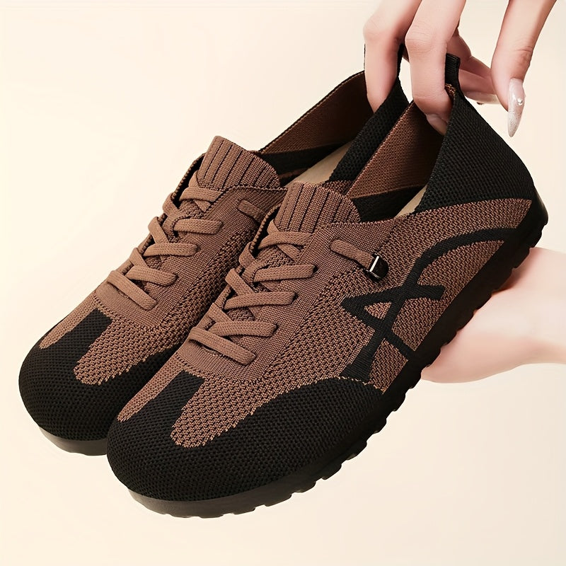 Women's Lightweight Breathable Slip-On Sneakers - Casual Low-Top Shoes with Knit Fabric Upper Durable PVC Sole, Comfortable for Indoor Outdoor Spring Wear, Brown Black, Ladies Sneakers