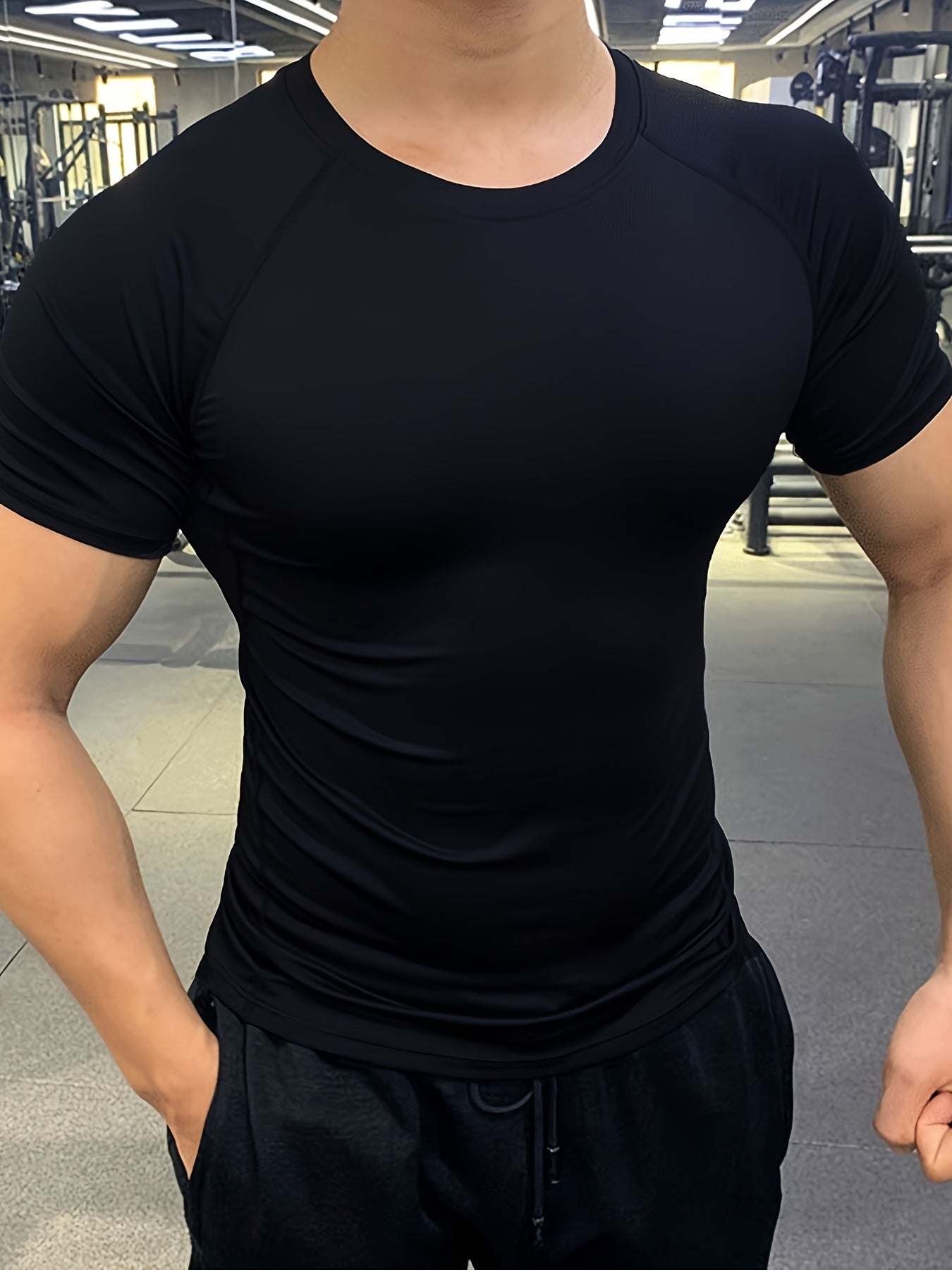 Men's Quick-Dry Athletic T-Shirt - Stretchy, Breathable Polyester, Short Sleeve, Round Neck, Black, Gym Running Workout Essential, Sports Clothing Sleek Athletic Tee Breathable Fabric, Workout Clothes