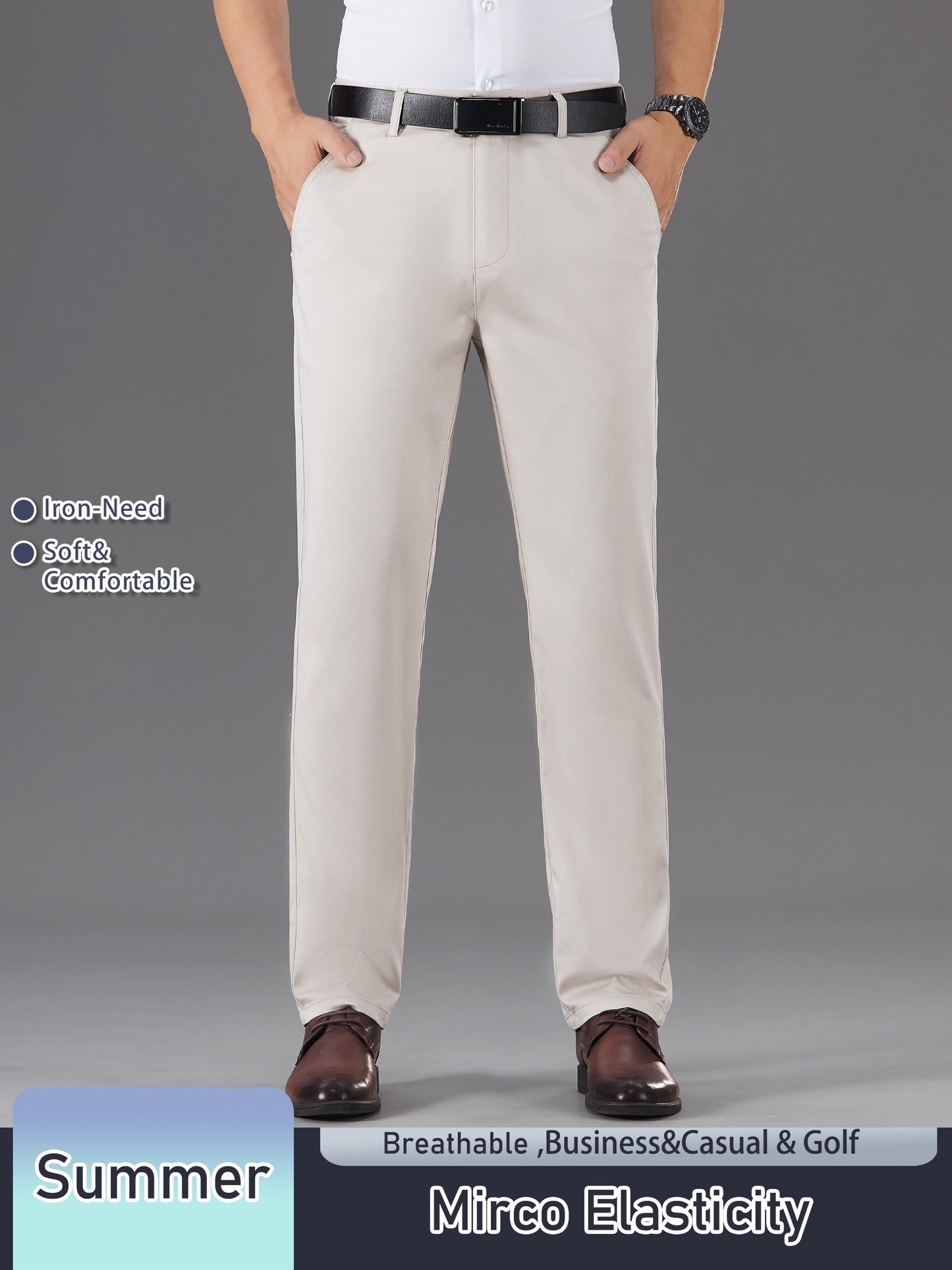 Men's Solid Color Straight Leg Business Style Cotton Blend Pants, Casual Comfy Breathable Outdoor Trousers As Gift