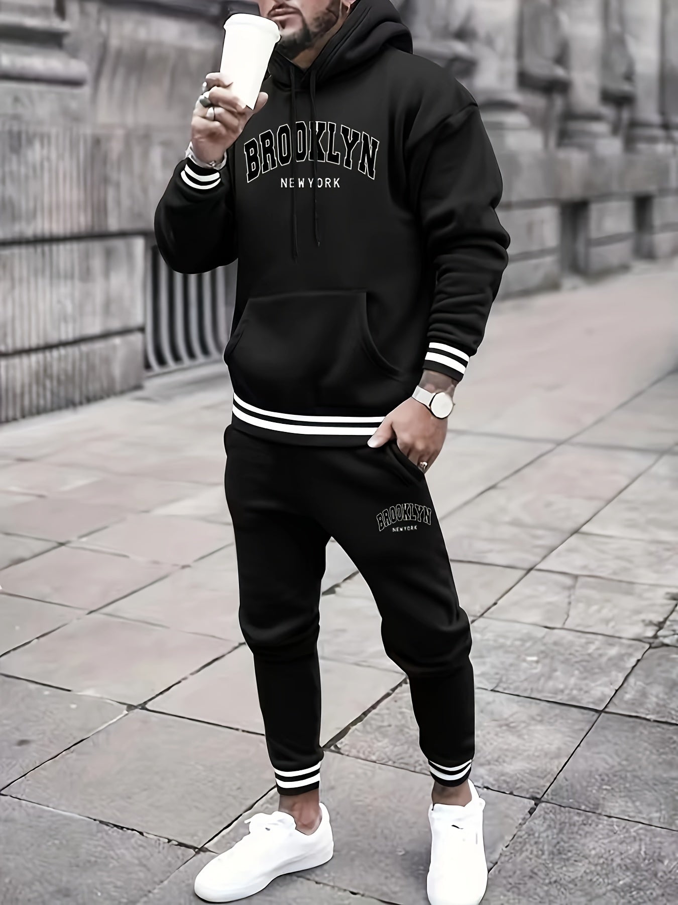 2pcs Men's Trendy BROOKLYN Letter Print Hooded Outfit, Hoodie & Pants Set, Men's Clothes For Spring Fall Winter, As Gift