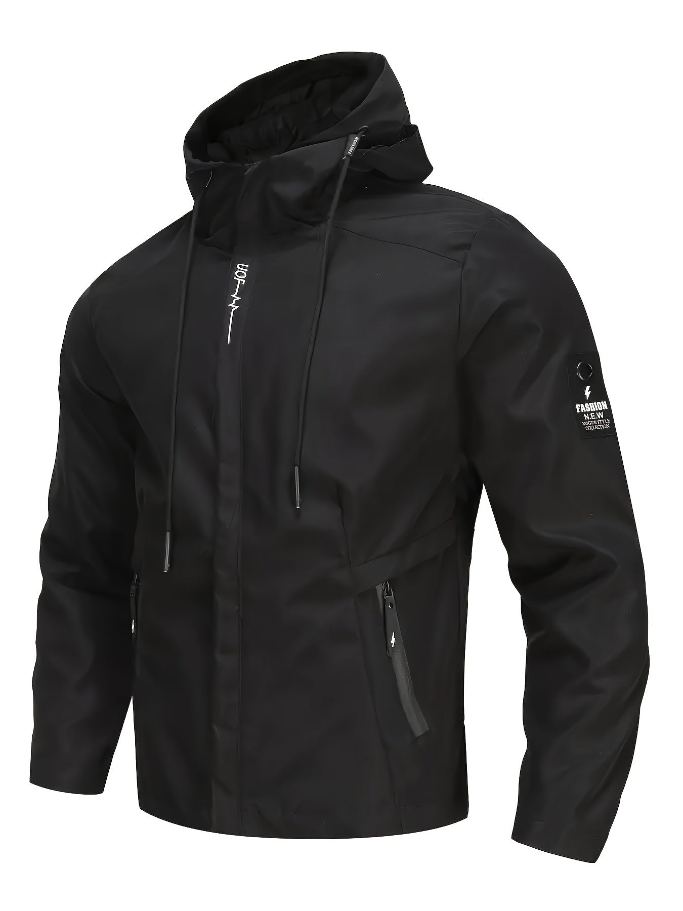 Men's Casual Windproof Hooded Jacket with Embroidery Detail, Long Sleeve Zip-Up Polyester Coat for Spring and Autumn