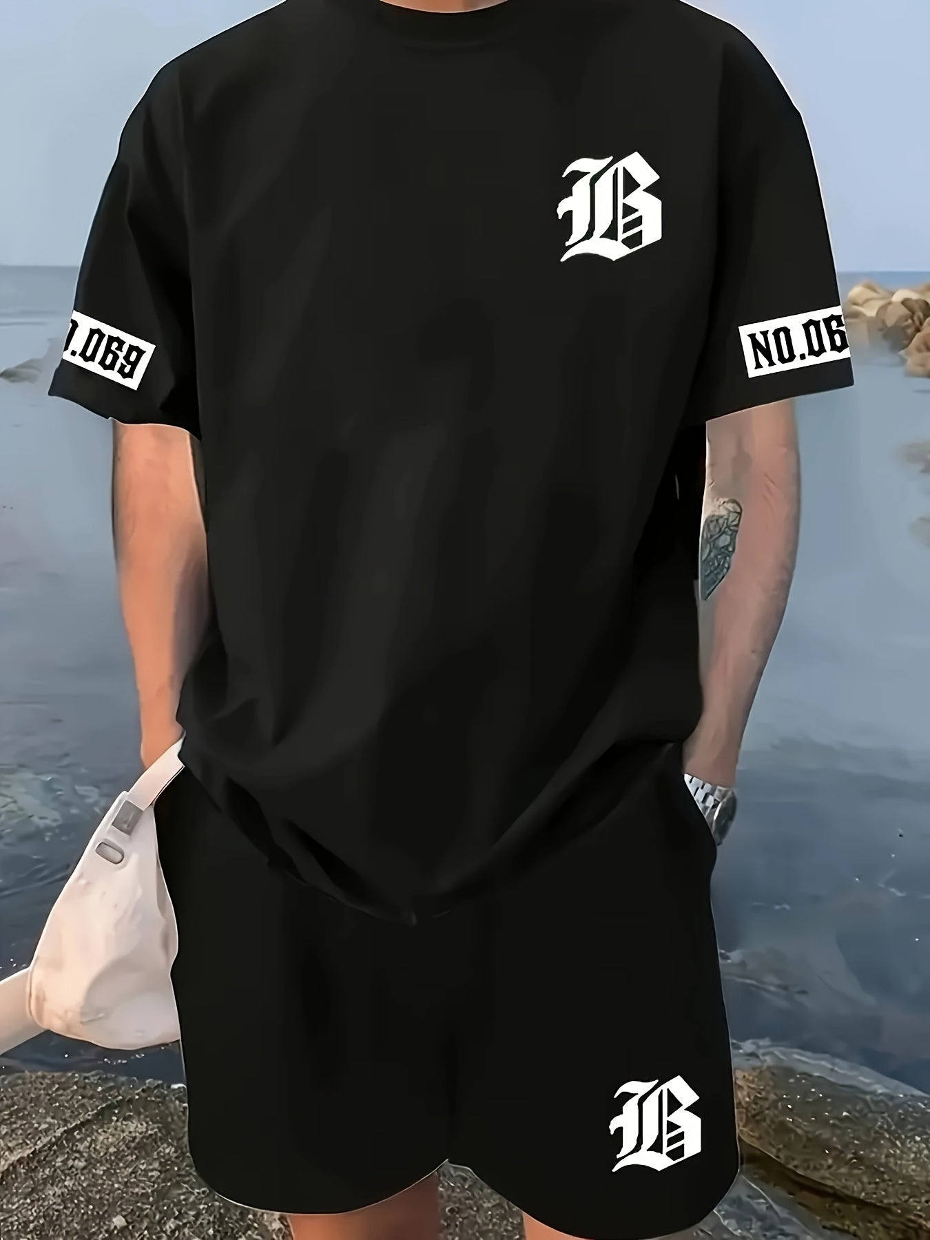Men's Casual T-Shirt and Shorts Set with Bold "B" Print - Polyester Knit Fabric, Machine Washable, Summer Streetwear, Perfect for Outdoor Activities and Comfortable Leisure Wear