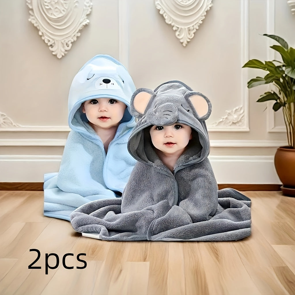 2pcs Toddler Bath Robes, Soft Absorbent Hooded Towels, Cartoon Animal Design, Unisex, Christmas Halloween Gift, Polyester, Hand Wash Only, White & Grey, Knitted Fabric