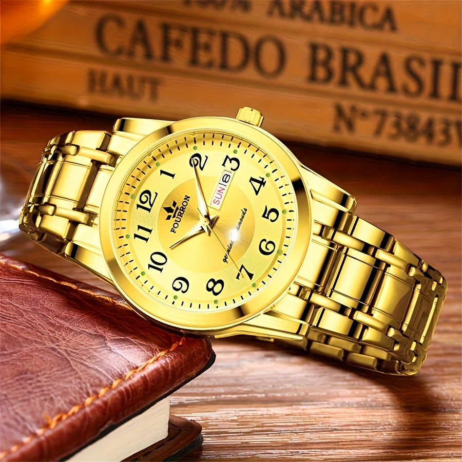 FOURRON Men's Quartz Watch - Trendy and Fashionable Appearance Stainless Steel Band with Luminous & Date Display, Ideal Gift for Birthdays & Holidays, Sunday Calendar Display, Multifunctional Watch, Casual Fashion, Gift for R