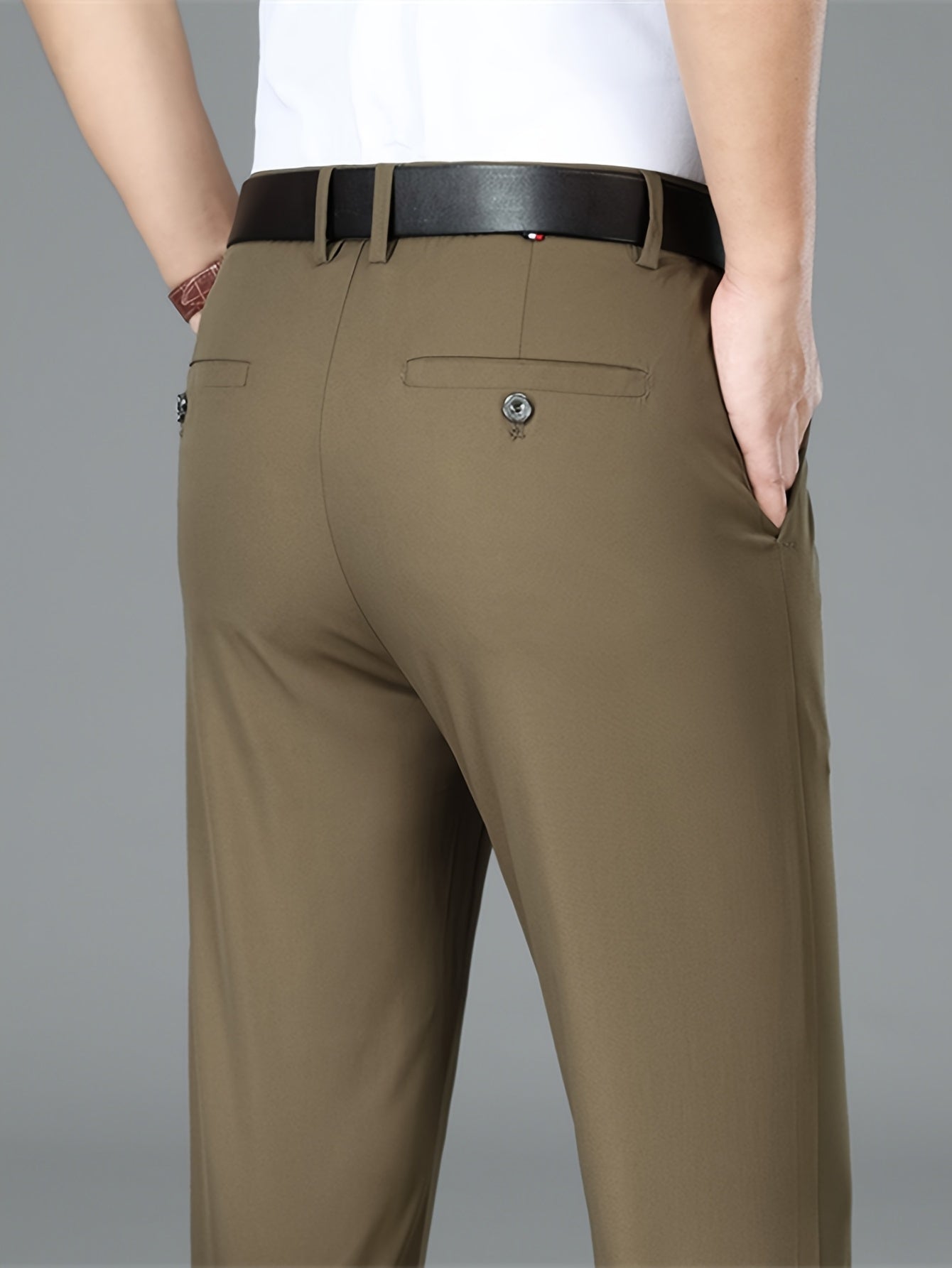 Men's Lightweight Summer Casual Pants, Slim Straight Fit, Polyester, Mid-Rise, Built-in Zipper, Regular Length - Ideal for Casual Attire