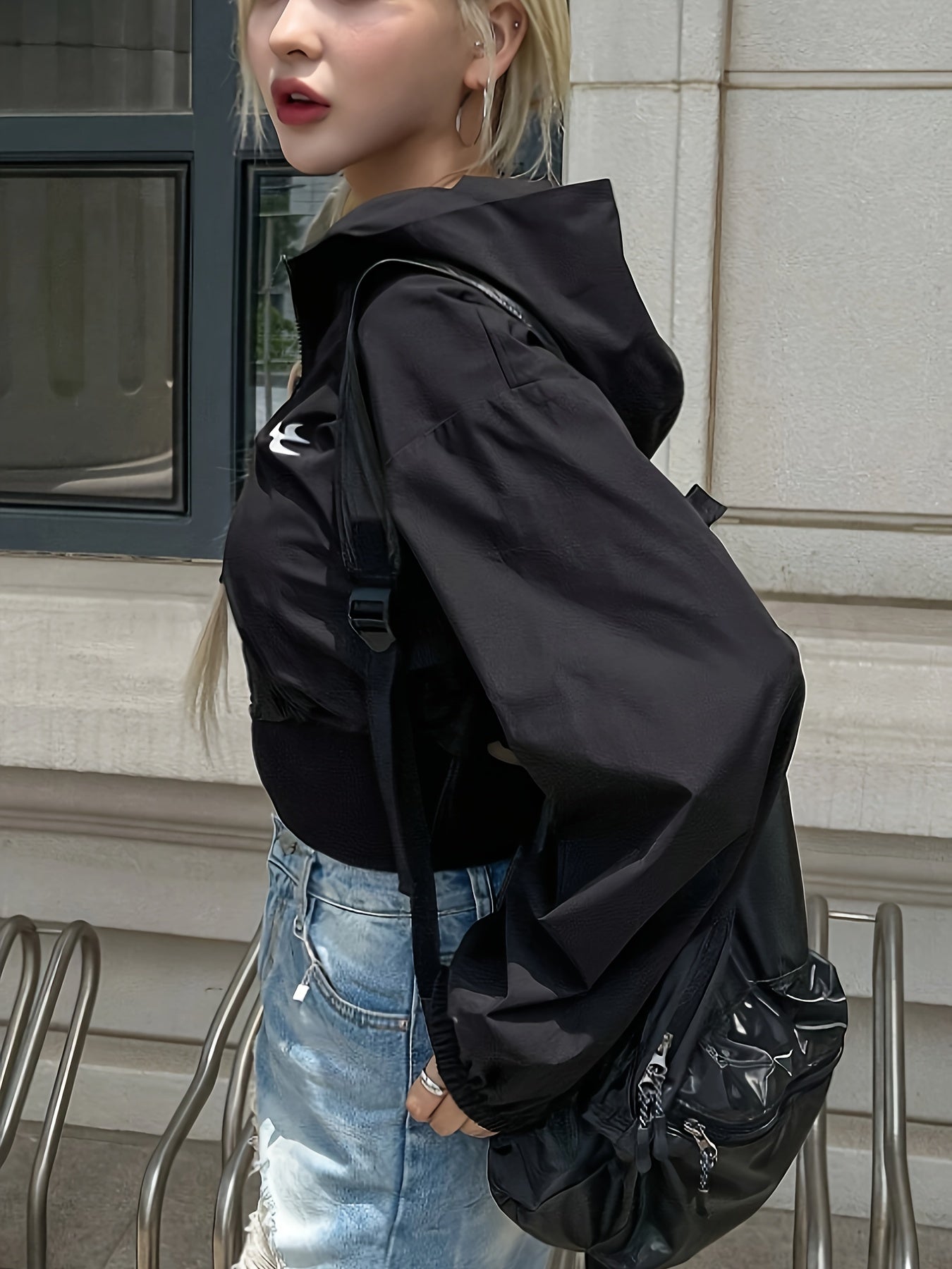 Chic Hooded Jacket for Women - Solid Color, Zip-Up, Polyester, Machine Washable - Perfect for Spring/Fall