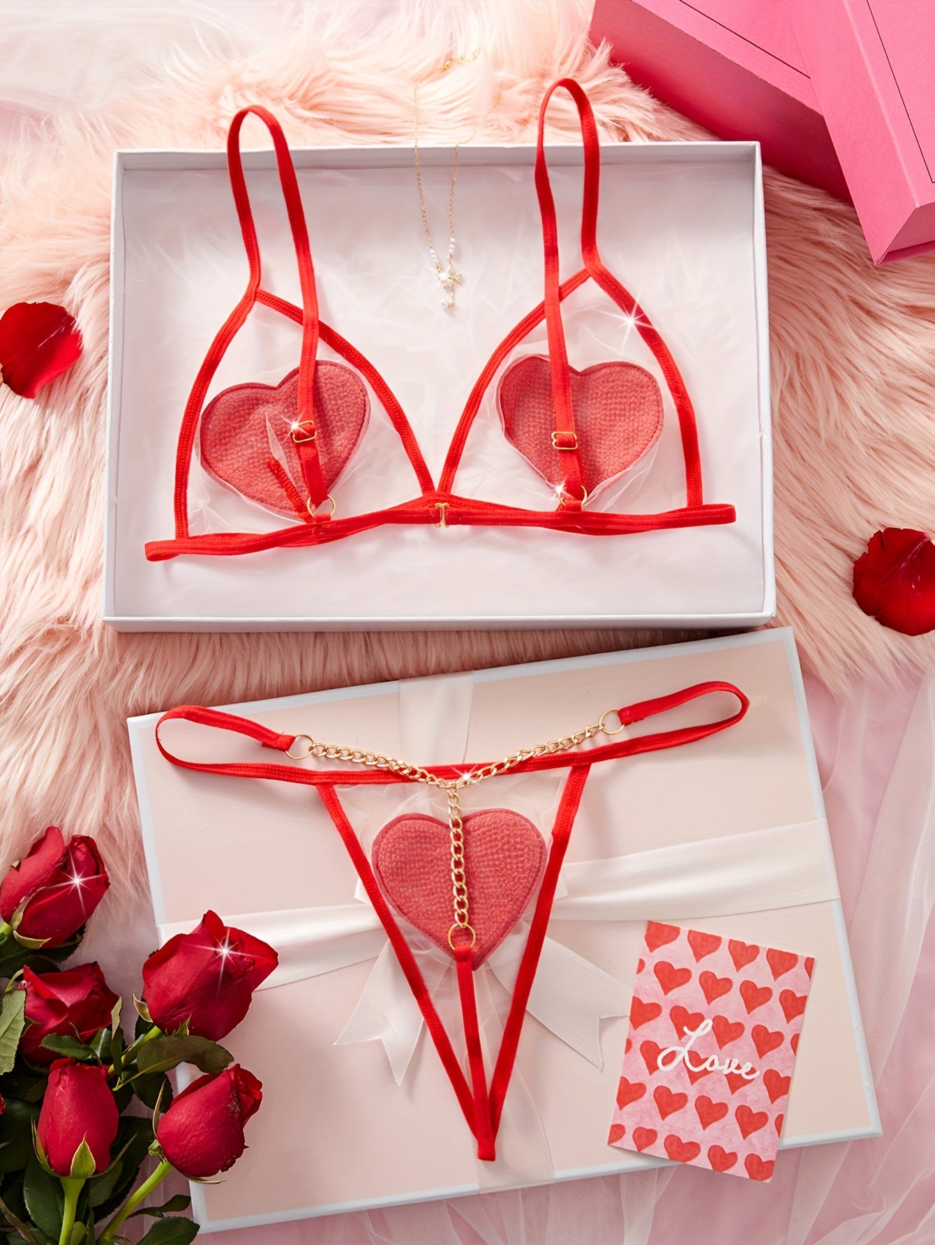 2pcs Christmas Red Love Sexy Underwear Set, Sheer Mesh Bra & Golden Chain Thong, Women'S Sexy Lingerie & Underwear