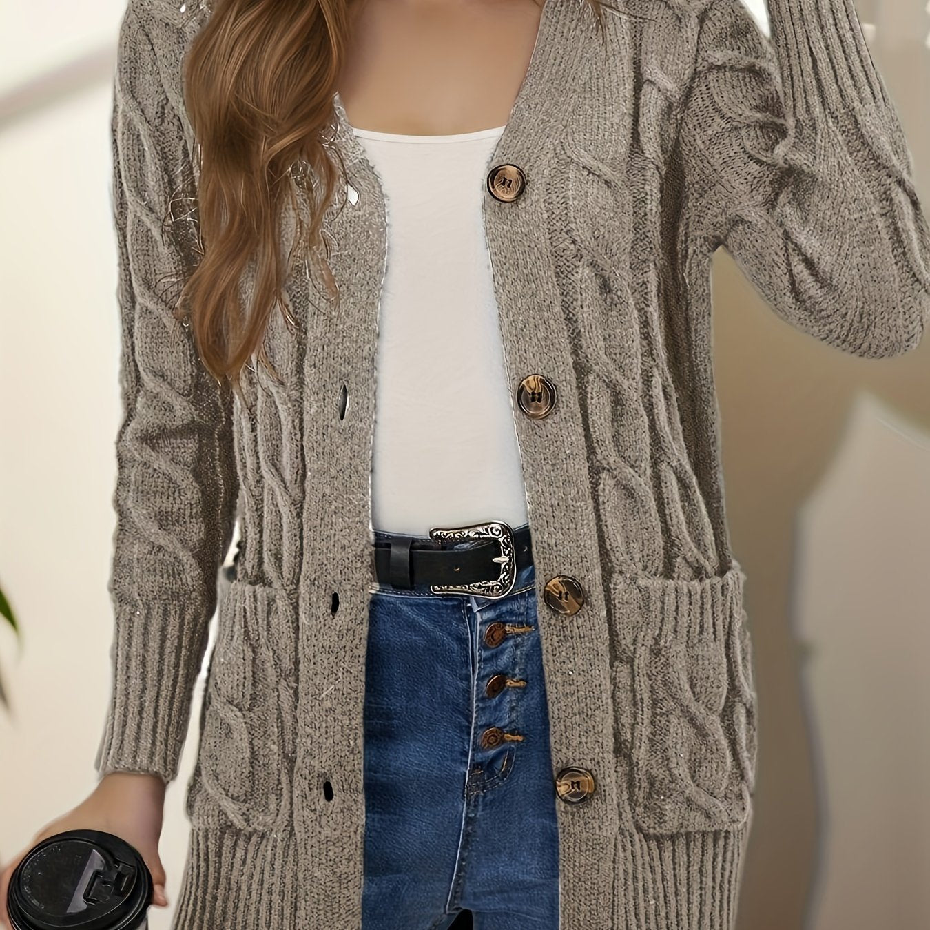 Elegant Women's Cable-Knit Cardigan - Cozy Button-Up V-Neck Sweater Jacket with Pockets, Long Sleeves in Heather Gray, 100% Polyester, Machine Washable for Fall/Winter