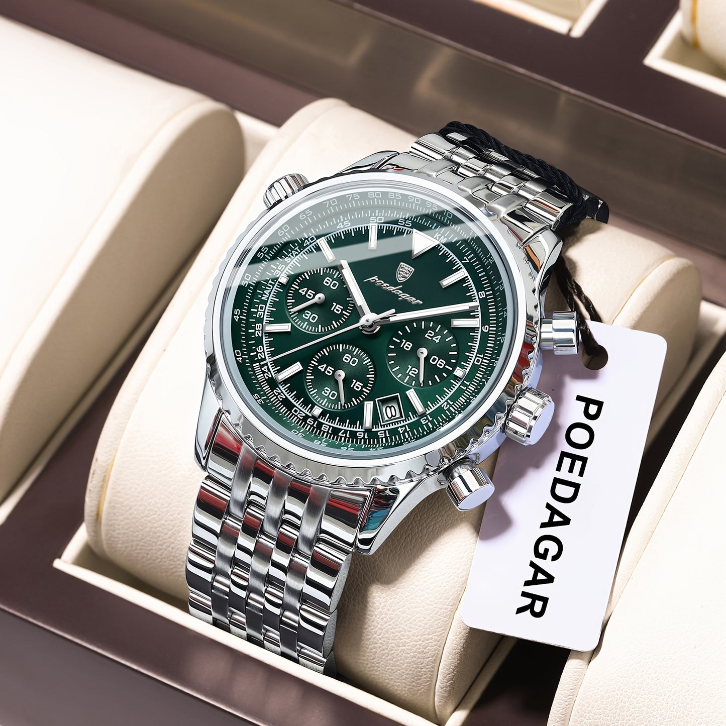 POEDAGAR Men's Luxury Stainless Steel Watch, Chronograph, Calendar, Date Display, Green Dial with Black Bezel & Roman Numerals, Quartz Movement, Casual to Business Style, Suitable for Women