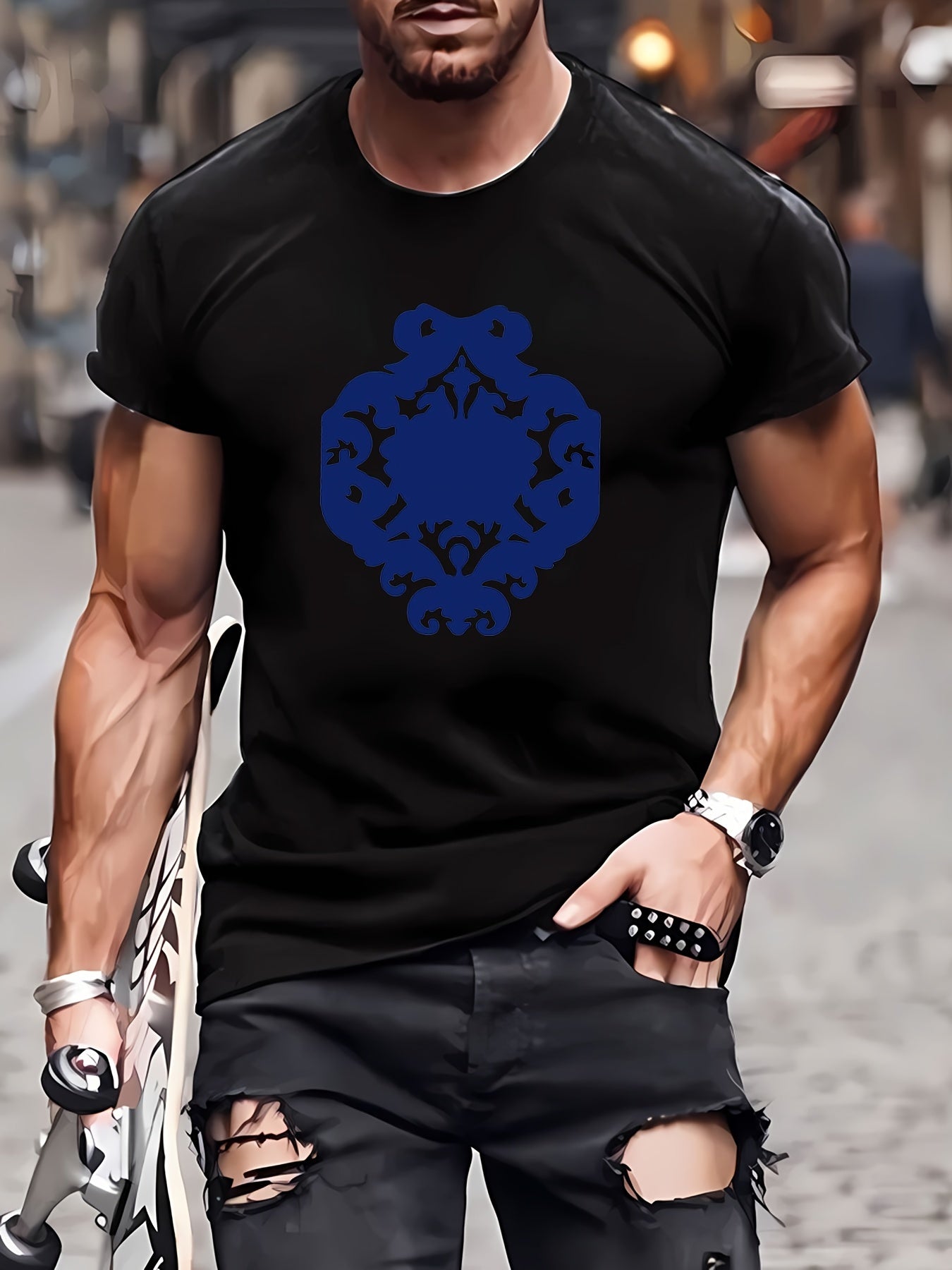 New Summer Round Collared Short Cuff T Dress For Men'S Wear With Free Print
