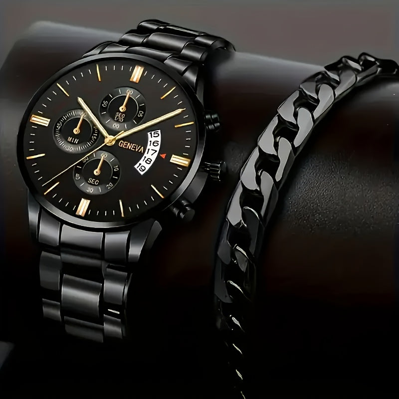 2pcs Men'S Quartz Watch Set with Concept Decorative Dial, Fashionable Wristwatch & Bracelet Combo - Shock-Resistant, Analog Display, Alloy & Stainless Steel Bands - Ideal for Birthdays & Holiday Parties, Gift for Men & Studen