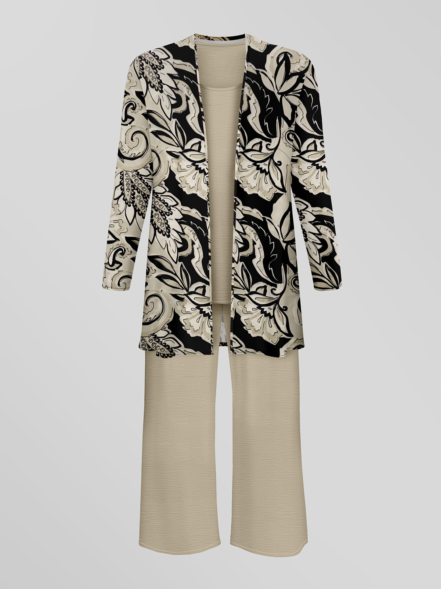 Fashionable and suit, printed long-sleeved cardigan jacket with solid color vest and casual trousers, daily three-piece suit