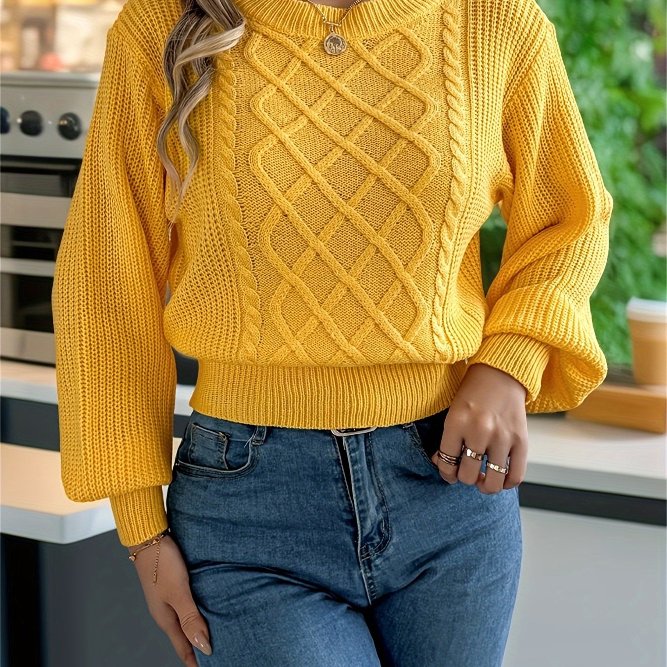 Elegant Cable Knit Sweater for Women - Casual Long Sleeve, Round Neck Pullover in Solid Color, Perfect for Fall/Winter