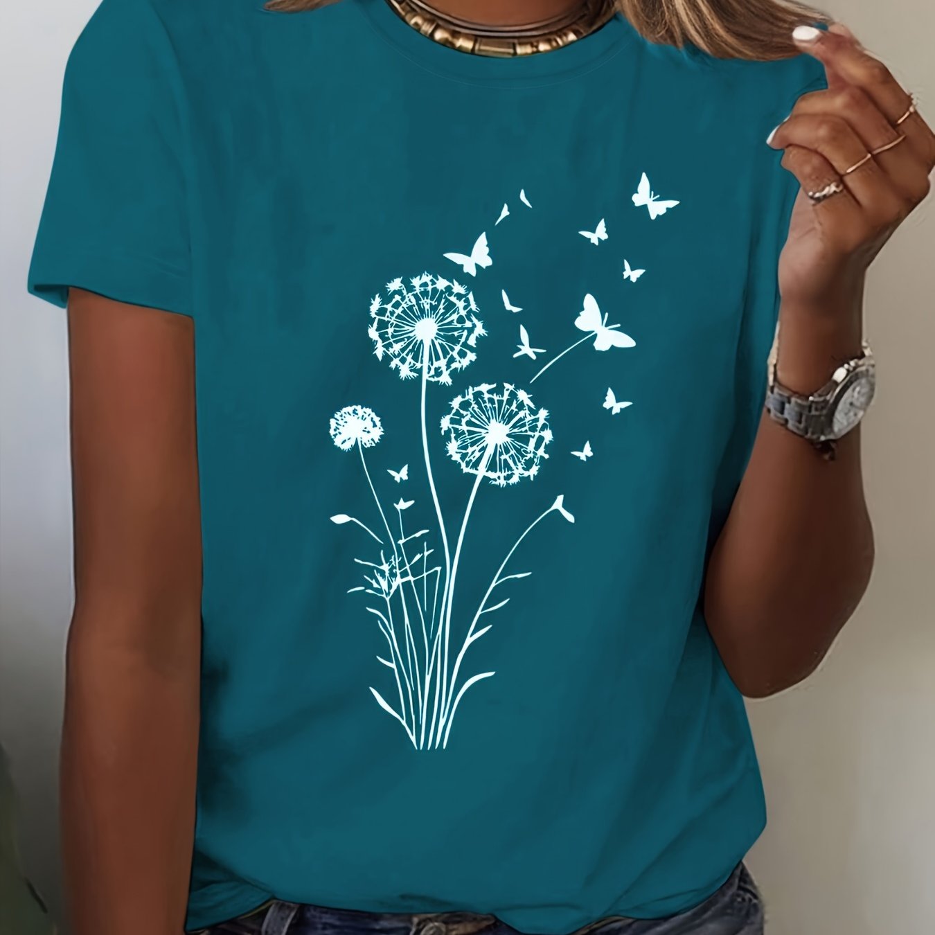 Women's Casual Dandelion Print T-Shirt - Soft Polyester Blend, Stretchy & Machine Washable, Crew Neck, Short Sleeve - Perfect for Spring & Summer