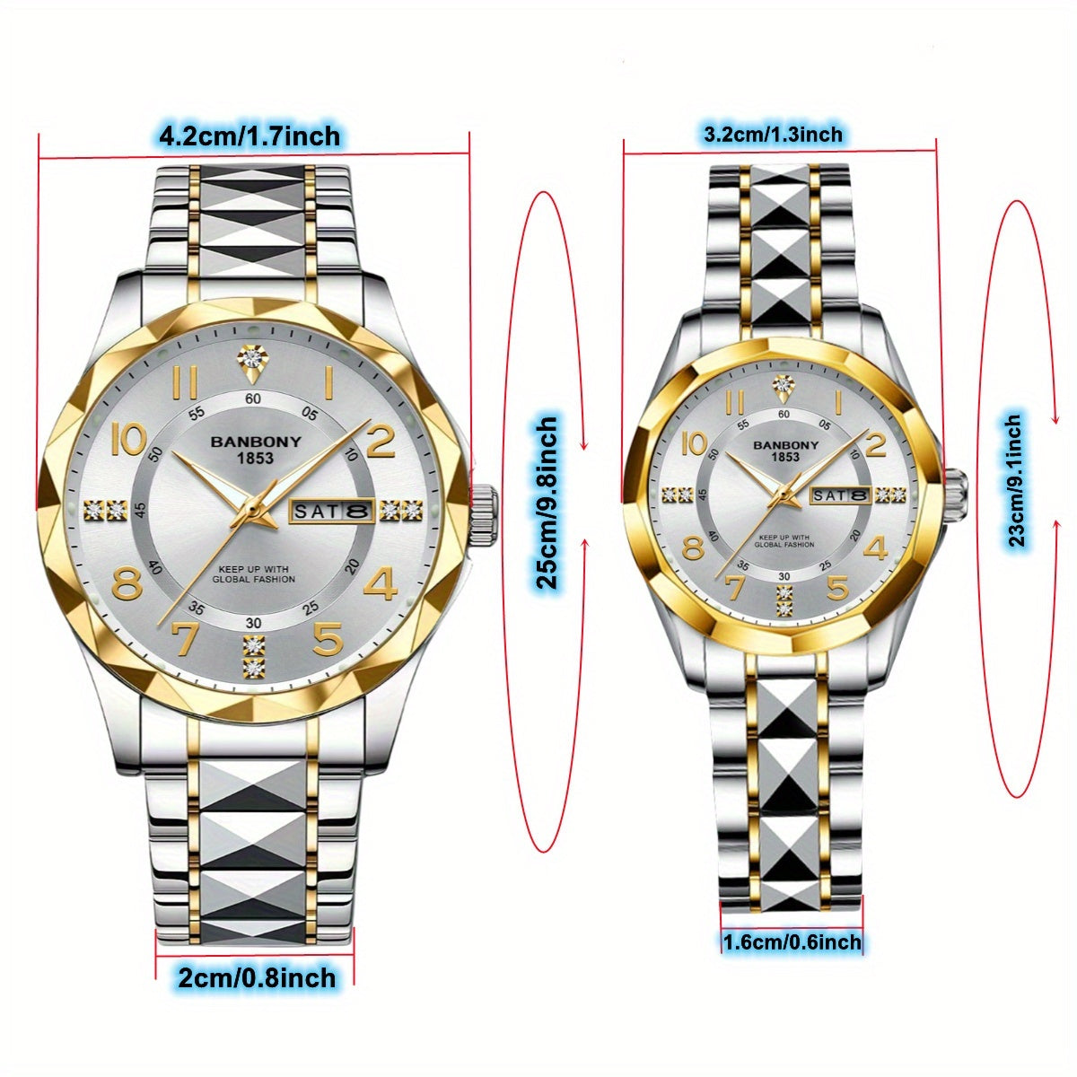2pcs BNDBONY Brand Men And Women Couples Quartz Watch Stainless Steel Strap Scratch-Resistant Wear Luminous Pointer Digital Simple Hd Disc IPX7 Waterproof Fashion Multifunctional Couples Watch Holiday Couples Lover Birthday G