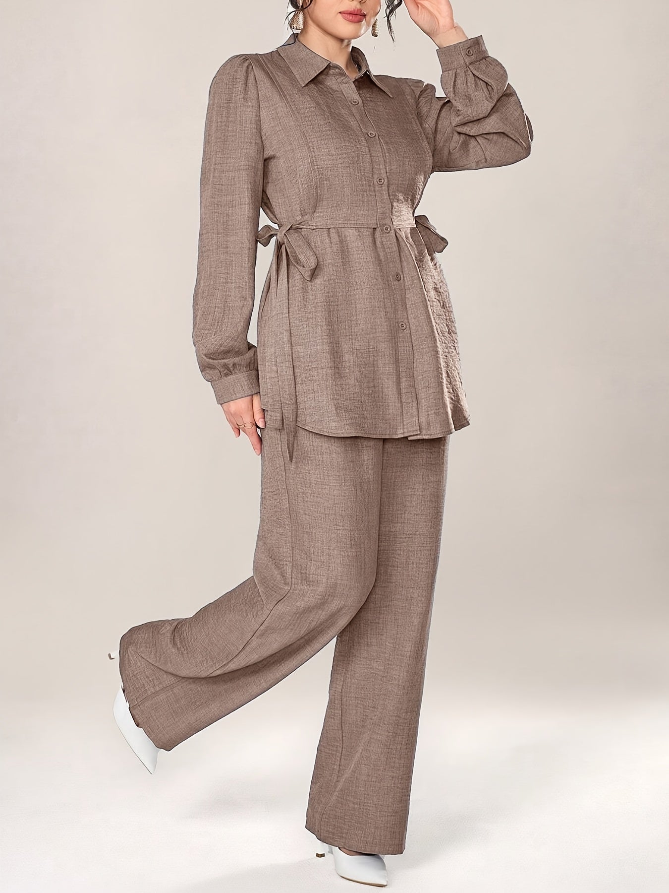 Stylish and Elegant Casual Two-Piece Women's Outfit with Side Tie Single-Breasted Shirt and Wide-Leg Pants for Office Wear