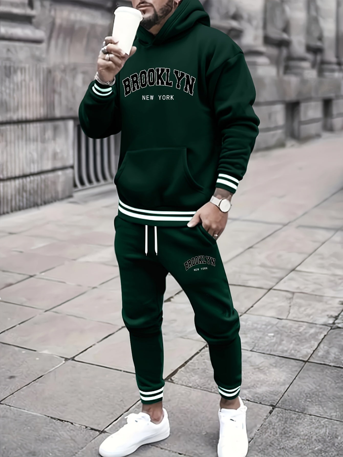 2pcs Men's Trendy BROOKLYN Letter Print Hooded Outfit, Hoodie & Pants Set, Men's Clothes For Spring Fall Winter, As Gift