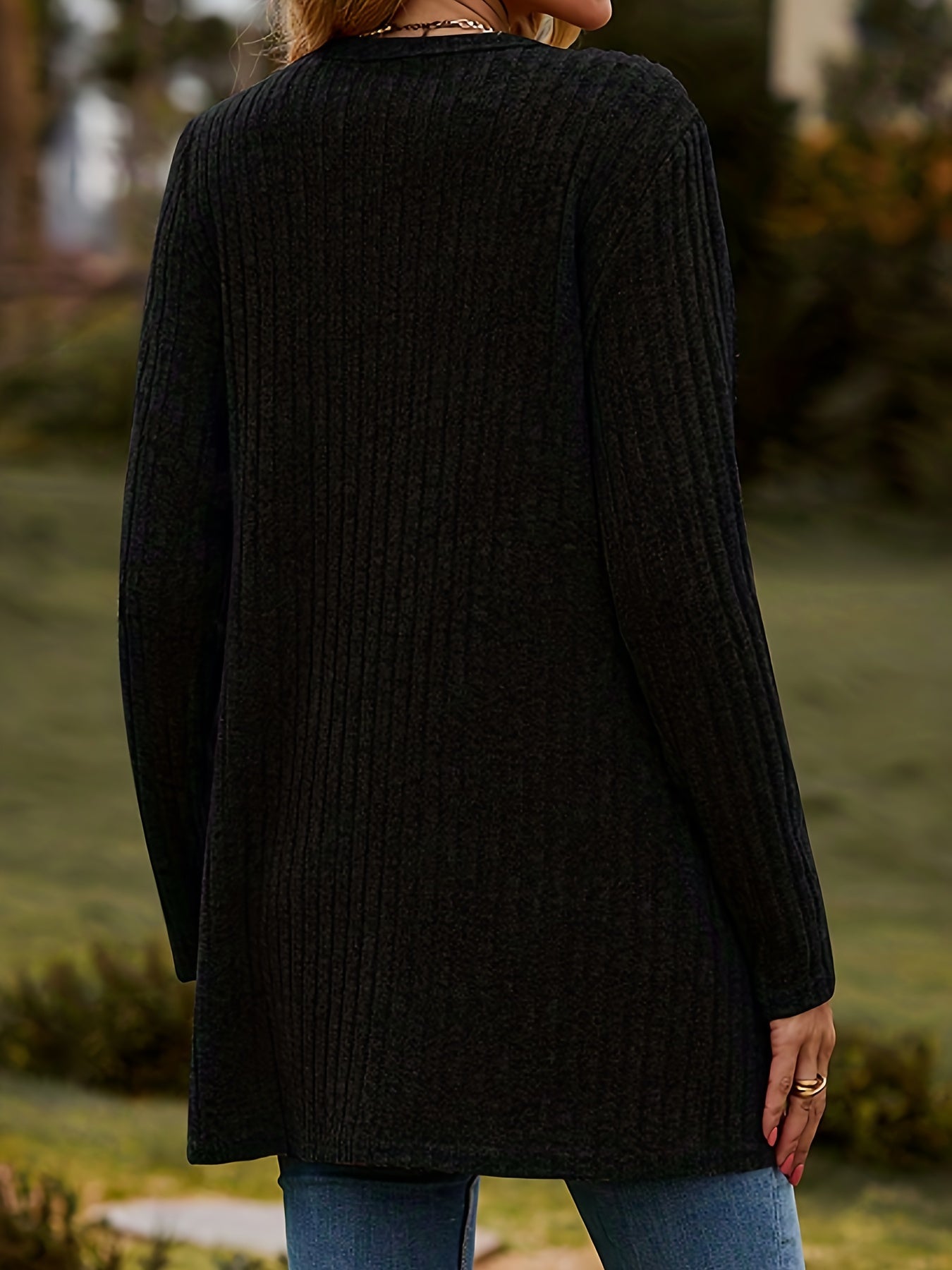 Elegant Plus Size Women's Solid Color Black Cardigan - Long Sleeve, Ribbed Knit with Button Front, V-Neck, Machine Washable - Stylish Fall/Winter Outerwear, Plus Size Cardigan
