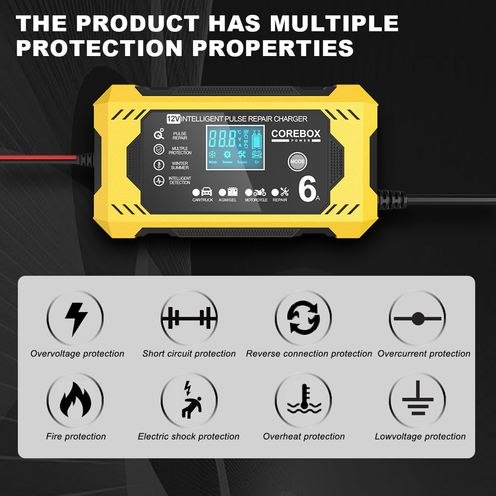 COREBOX EU Plug 12V 6A Smart Battery Trickle Charger 12V Battery Maintainer Battery Charger with LCD Display for Car Truck Motorcycle Lawn Mower Marine Lead Acid Charge, Without Battery