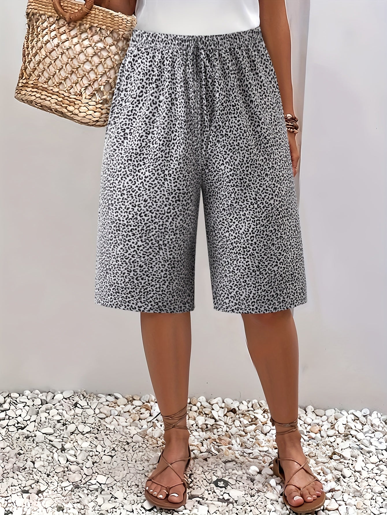 Plus Size Women's Lightweight Beach Shorts - Casual Blue and White Floral Print, Drawstring Waist, Polyester, Machine Washable, Knee-Length with Pockets