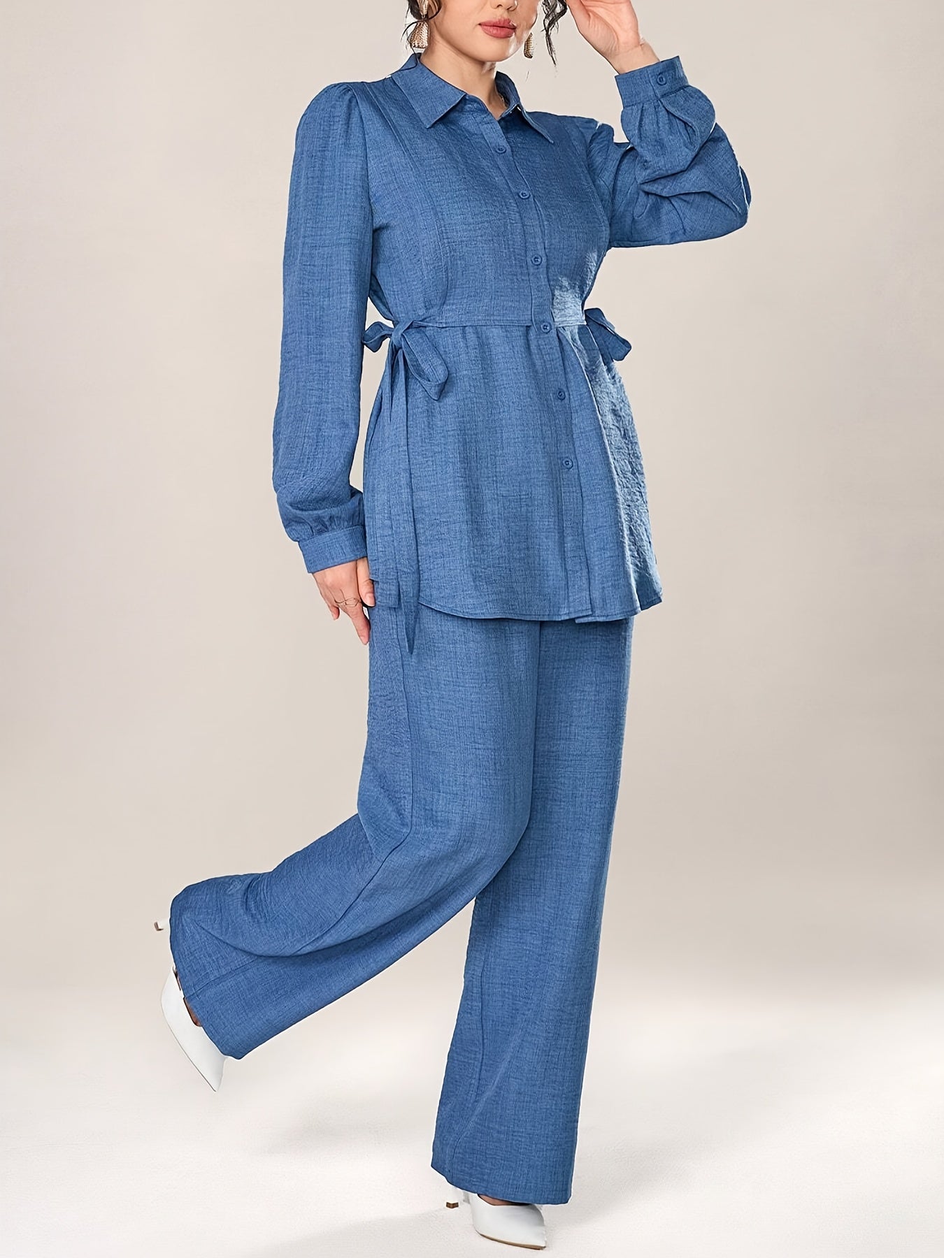 Stylish and Elegant Casual Two-Piece Women's Outfit with Side Tie Single-Breasted Shirt and Wide-Leg Pants for Office Wear