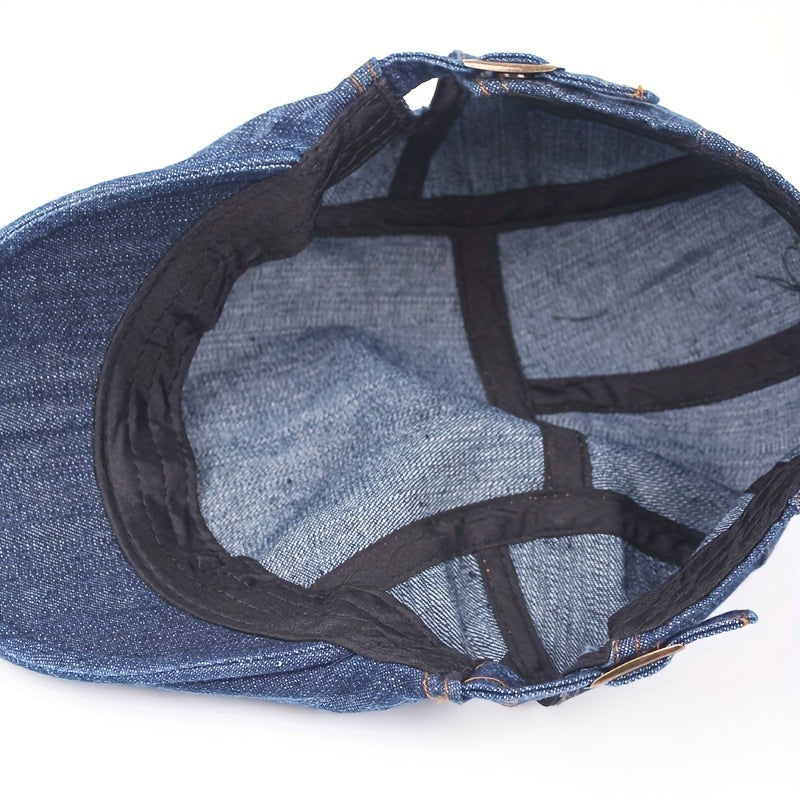 Vintage-Inspired Unisex Beret Cap, Polyester Washed Fabric, Sun Protection, Inelastic, Buckle Closure, Hand Wash/Dry Clean, Stripe Craftsmanship, Retro Style Sun Hat for Men and Women