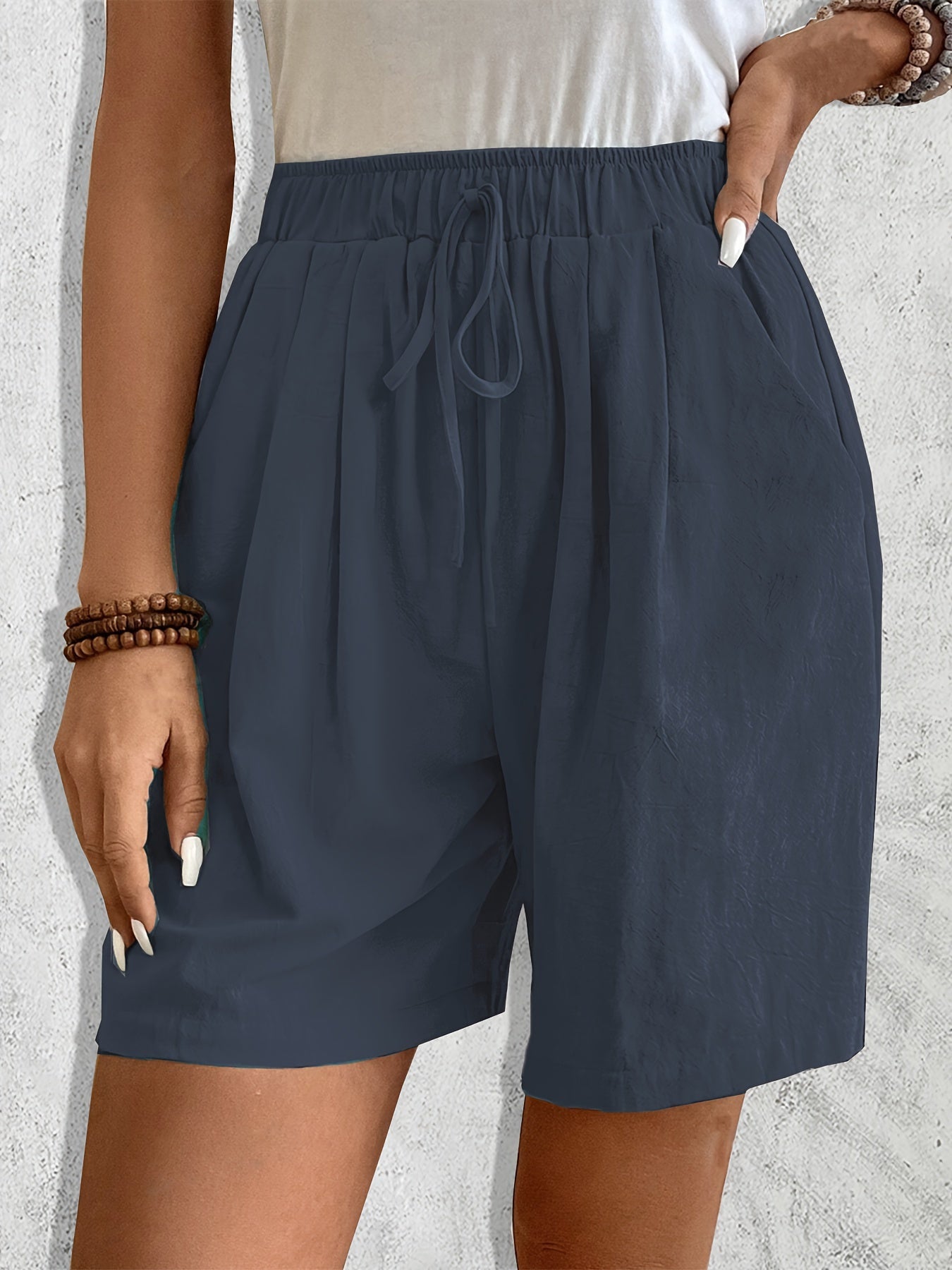 Women'S Casual Blend Shorts, Solid Color, Regular Fit, Non-Stretch Woven Fabric, with Faux Drawstring Detail, for Spring/Summer/Fall - Daily & Vacation Style