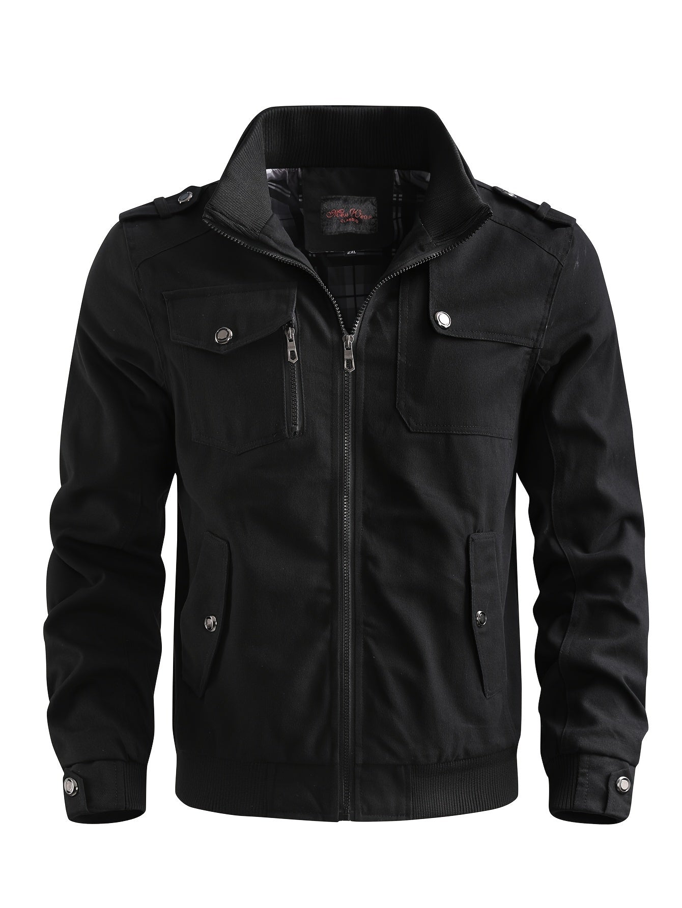 Men's Casual Bomber Jacket, Cotton Stand Collar Windbreaker Jacket With Pockets For Fall Winter