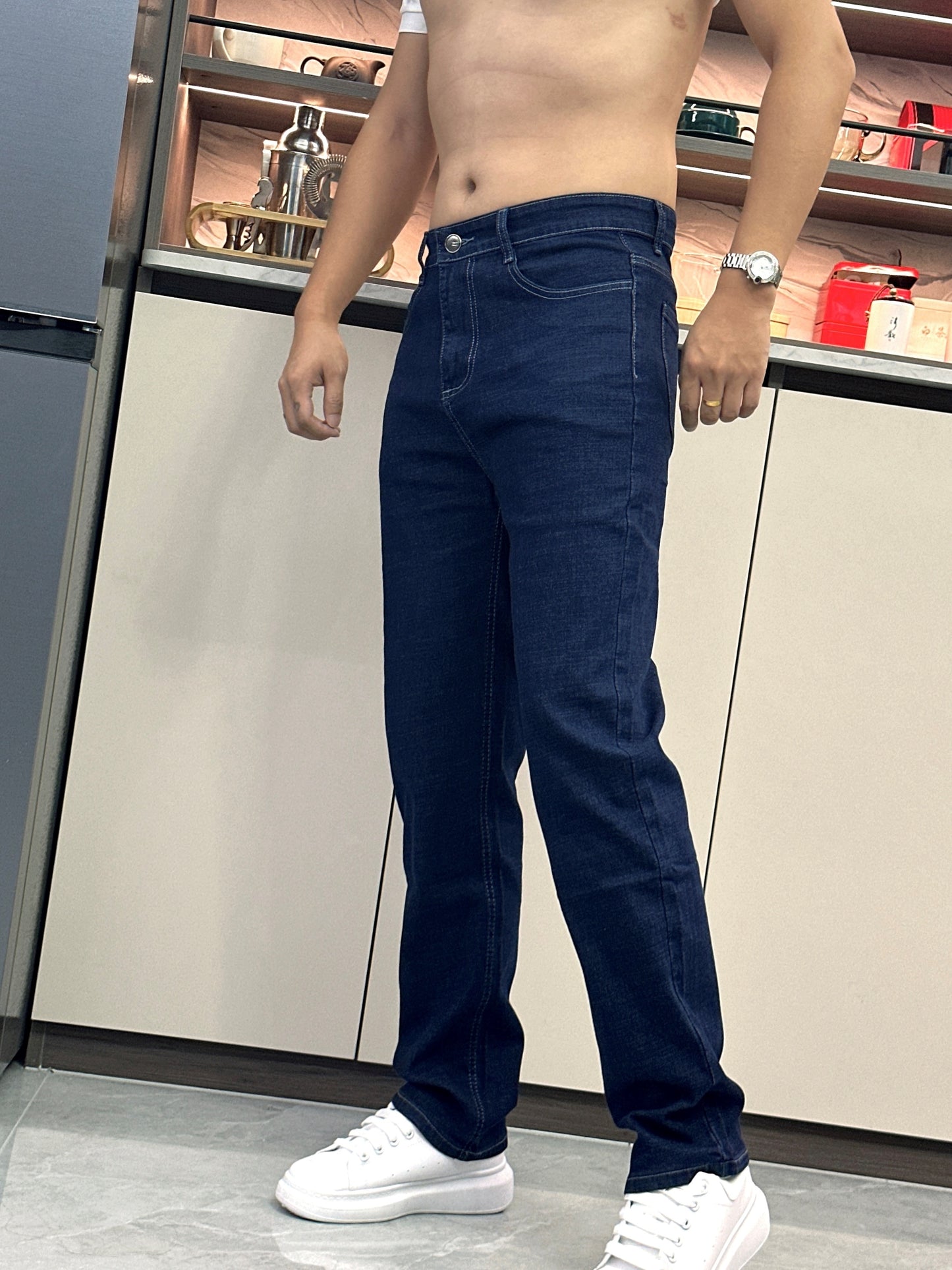 Men's Classic Straight-Leg Jeans in Dark Blue - Comfortable & Stylish Denim for Casual, Work, and Business Dates | Machine Washable, Non-Transparent with Printed Detail | All-Season Wear
