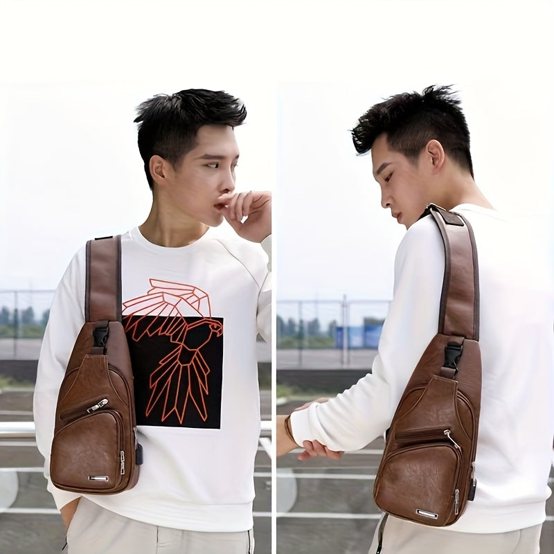2025 New Men'S Fashion Chest Bag - Soft Faux Leather Anti-Theft Crossbody Bag with Multiple Compartments, Adjustable Strap Zipper Closure for Gym, Travel, Casual Outings (Brown), Secure Travel Pouch, Textured Finish