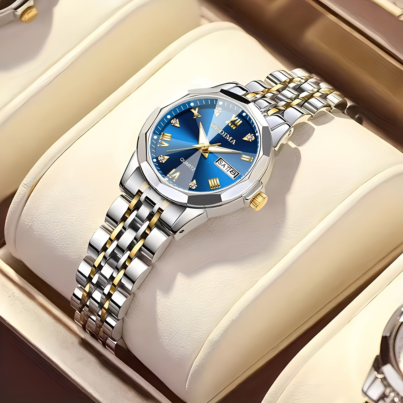 DEDIMA Women'S Luxury Stainless Steel Watch - Elegant Rhombus Design with Roman Numerals, Double Calendar, and Multifunctional Steel Strap