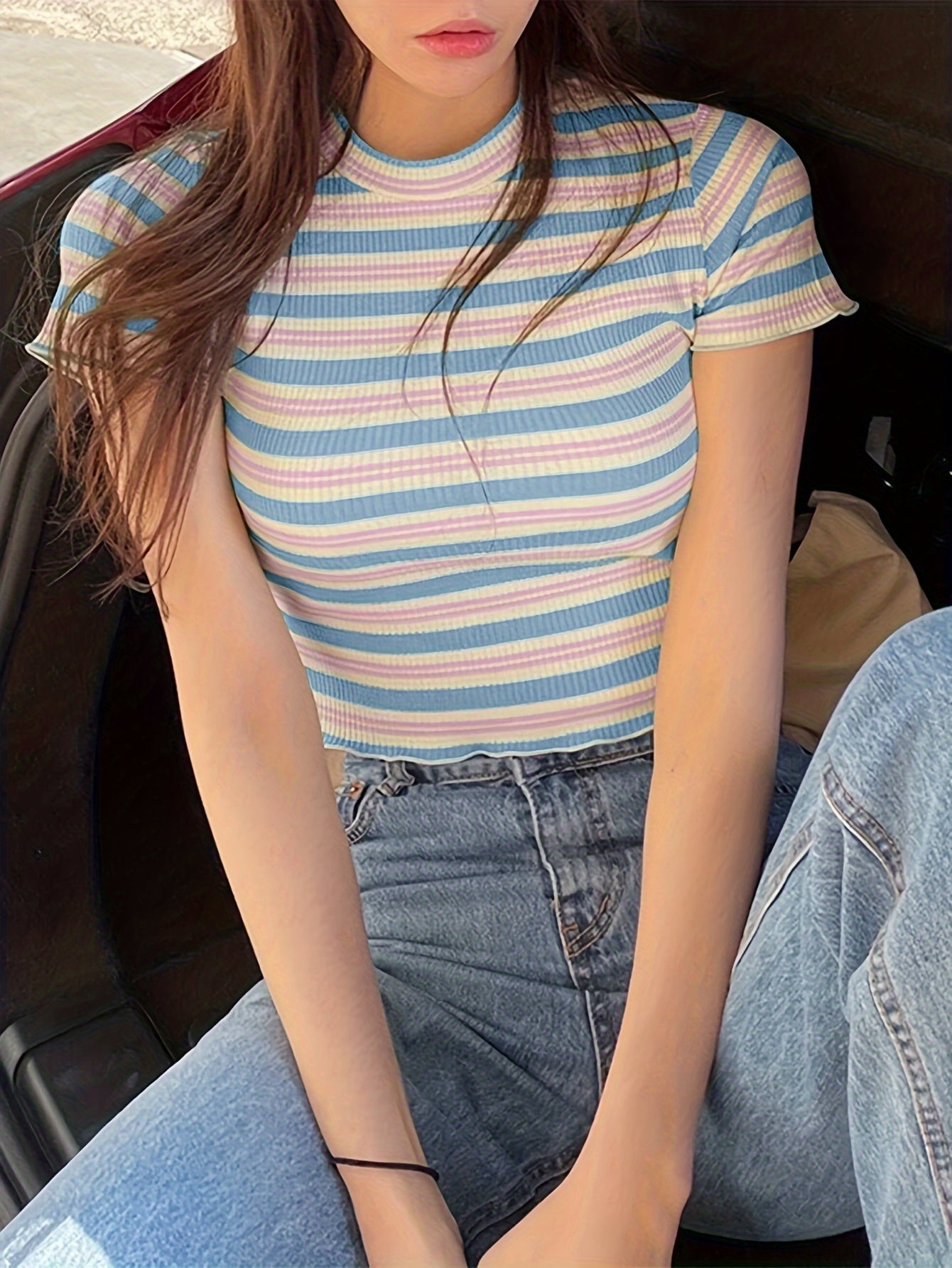 Women's Ribbed Striped Short Sleeve Round Neck Striped T-Shirt